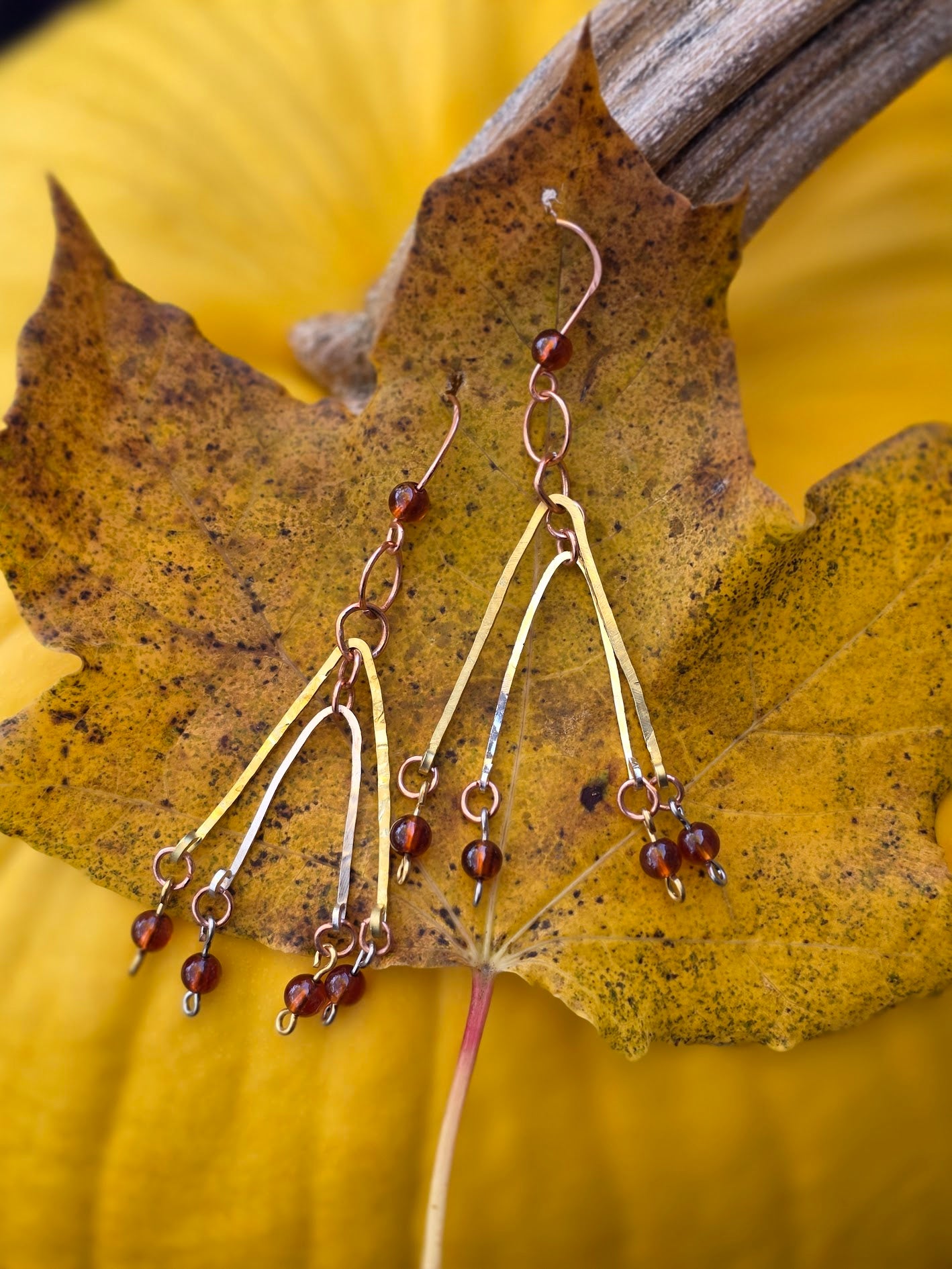 Geometric Mixed Metal Copper, Brass and Dark Amber Dangles