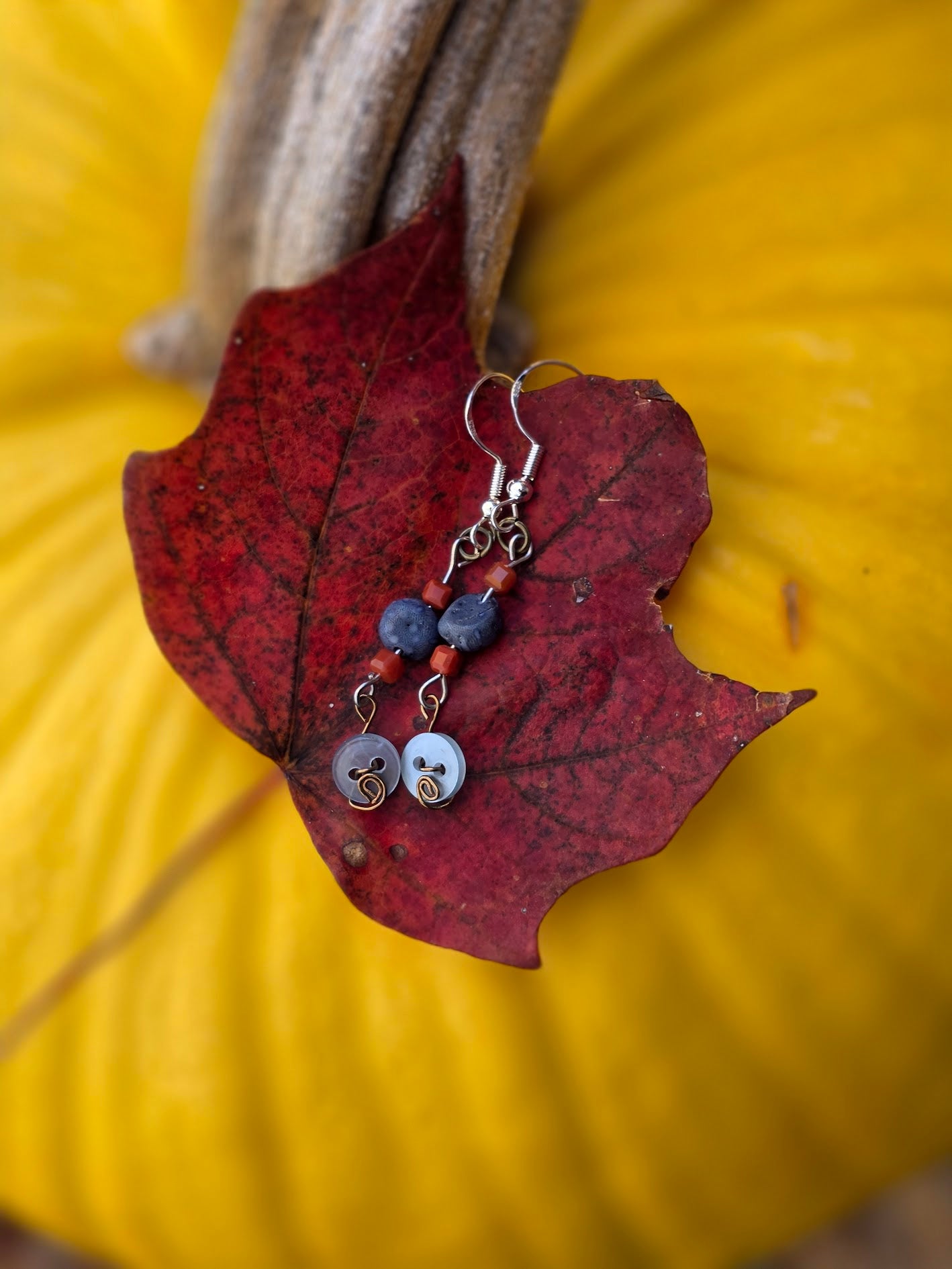 Blue and Red Coral with Vintage Buttons Handmade Earrings