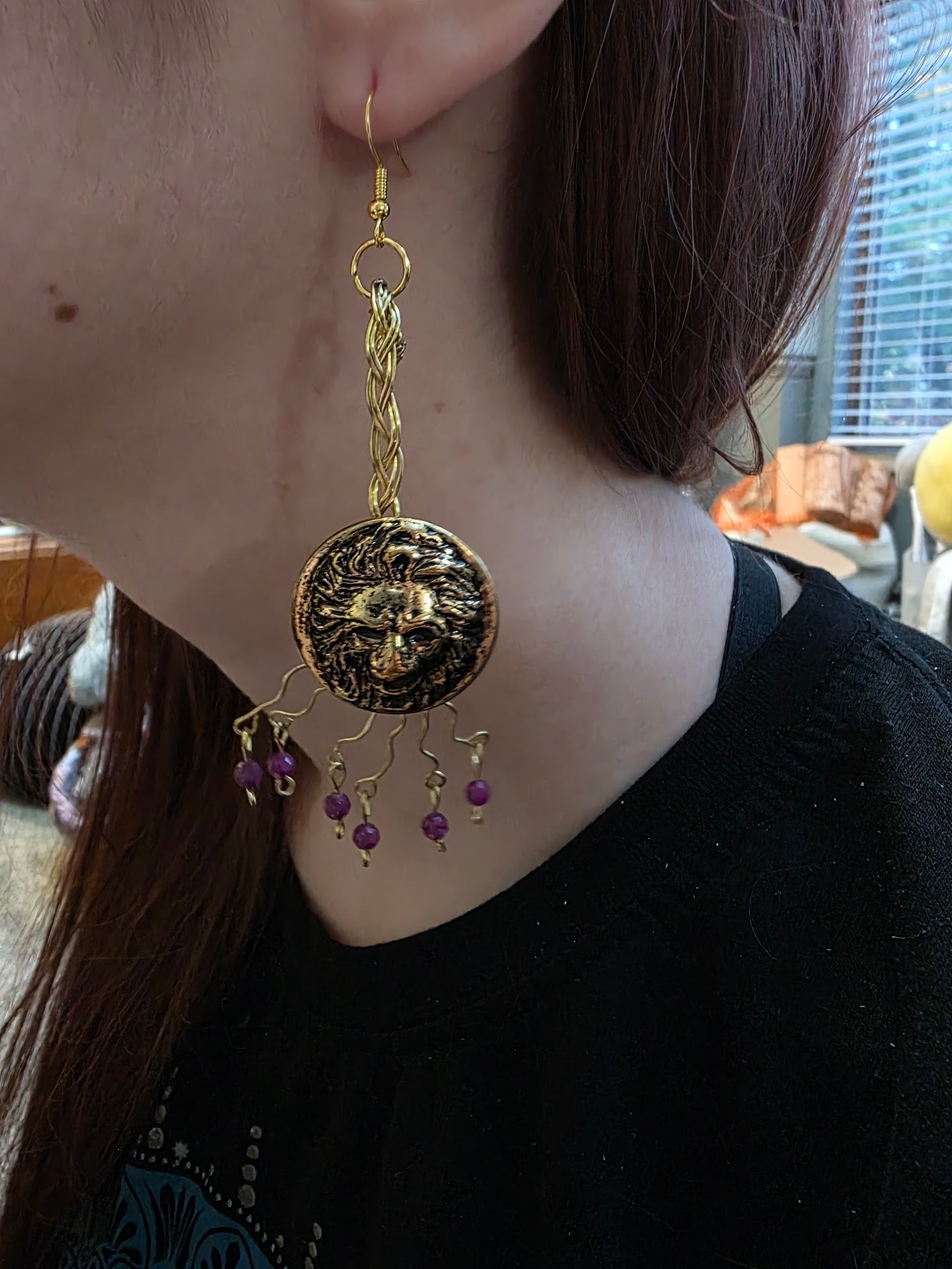 Vintage Lion Button and Ruby Brass Wire Wrap Earrings