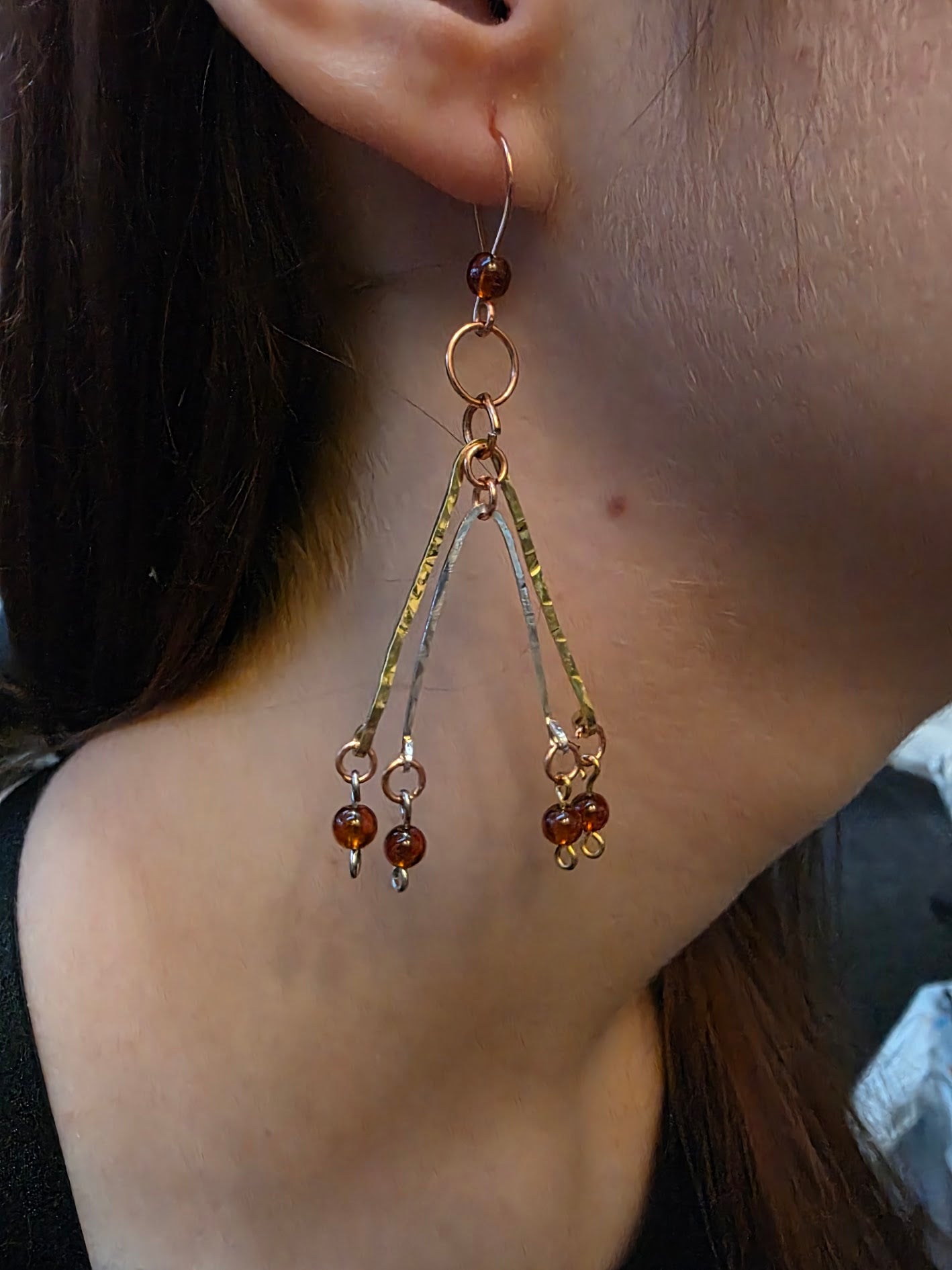 Geometric Mixed Metal Copper, Brass and Dark Amber Dangles