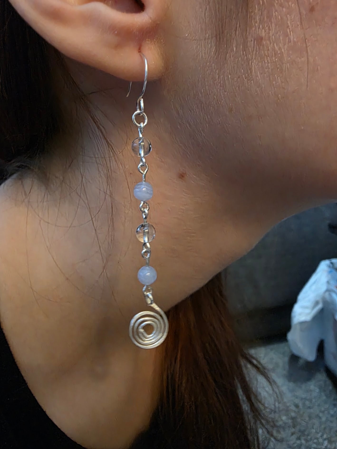 Clear Quartz and Blue Agate on Sterling Silver with Hammered Swirl accent