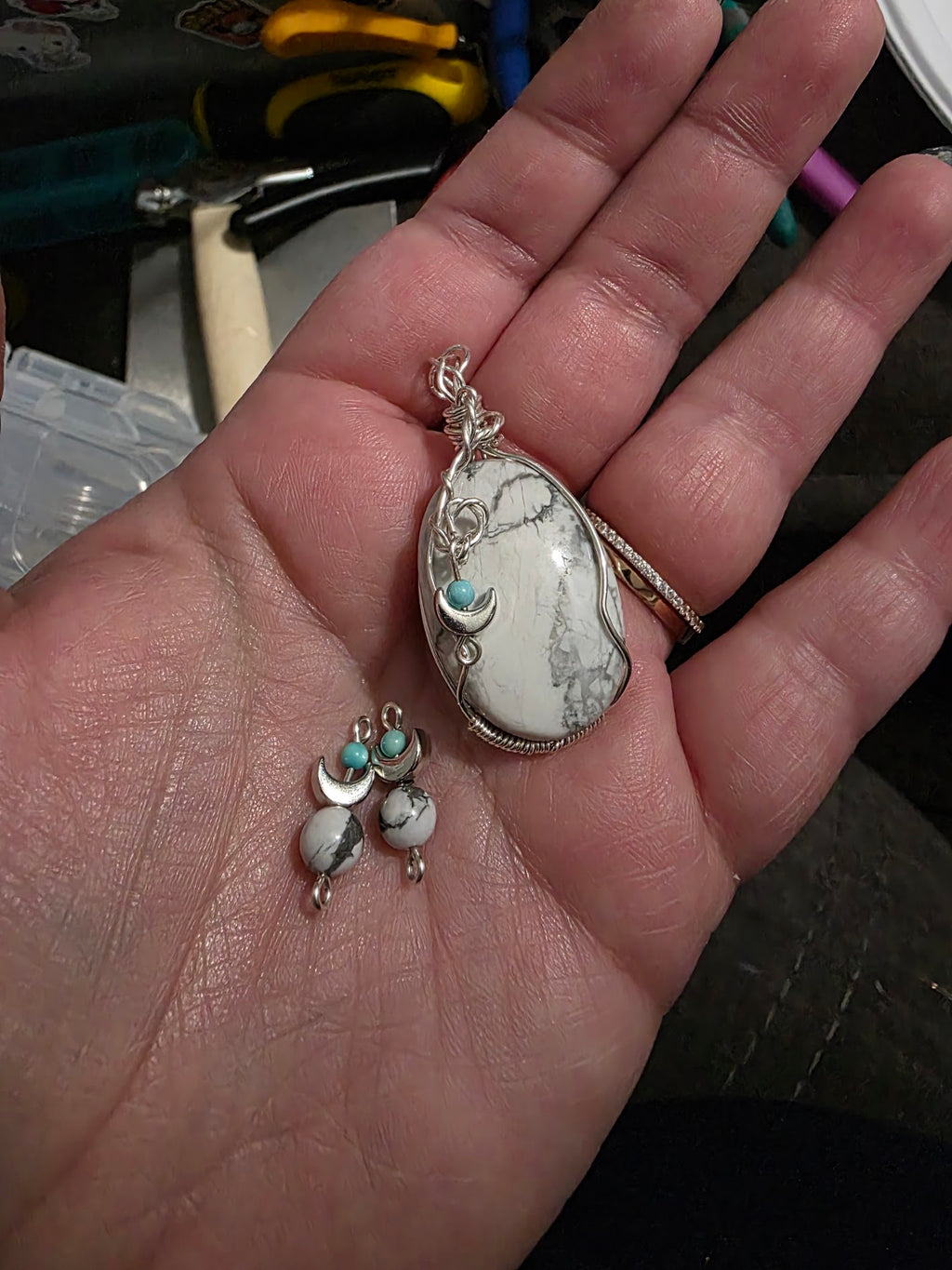 Howlite and Turquoise Sterling Silver Wire Wrapped Pendant and Earrings Set with Moons