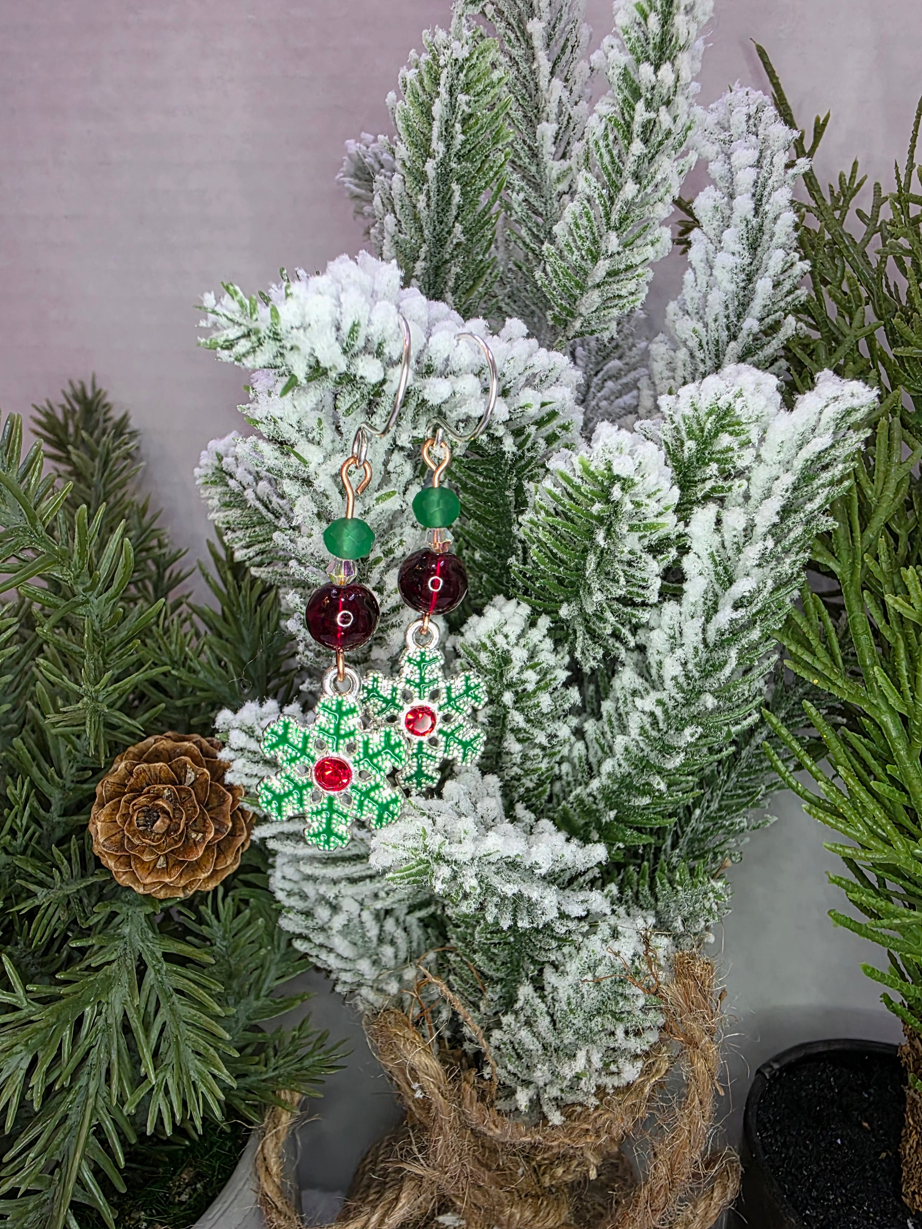 Sterling Silver Snowflake Christmas Earrings, Red and Green Glass Beads