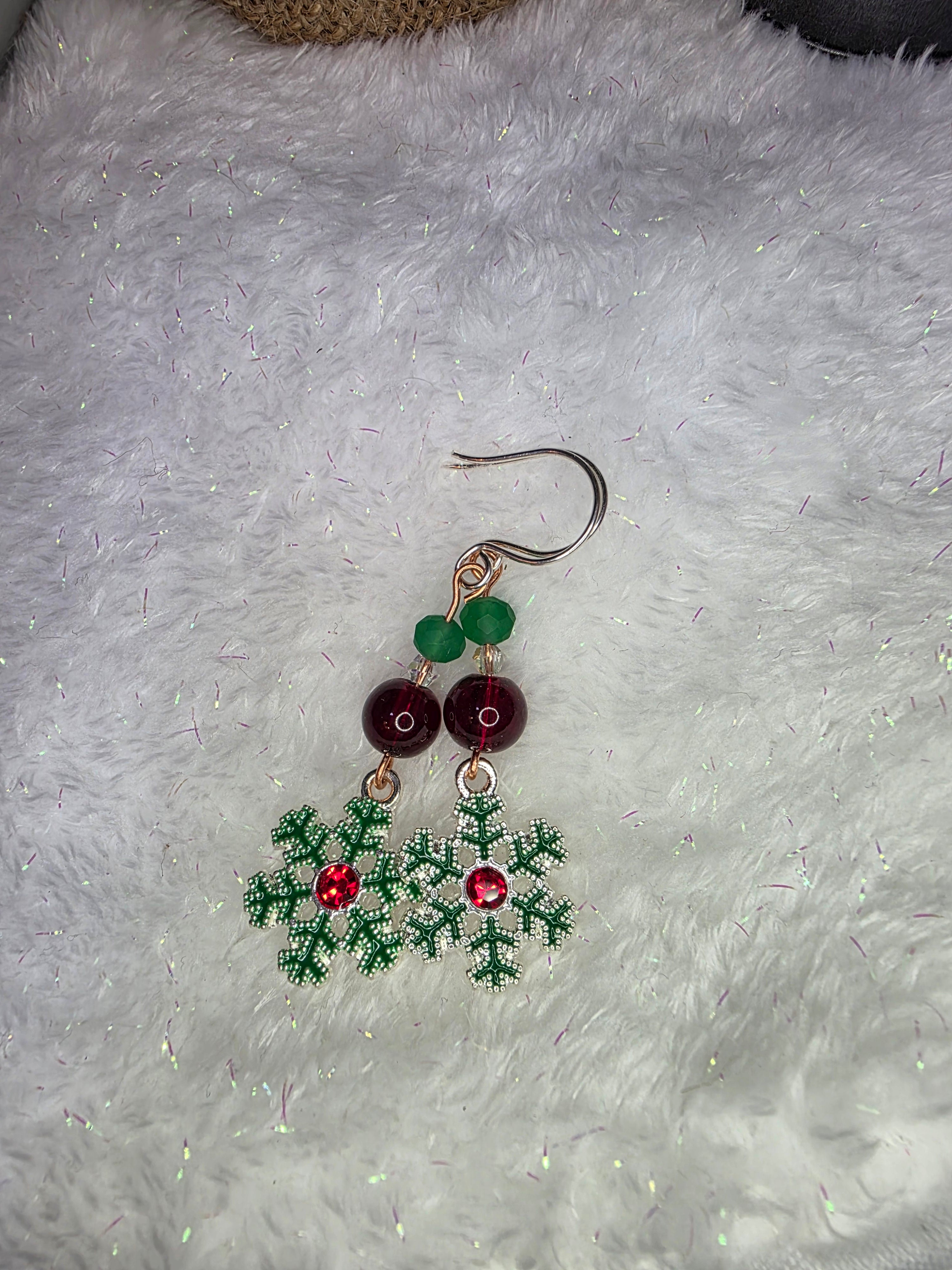 Sterling Silver Snowflake Christmas Earrings, Red and Green Glass Beads