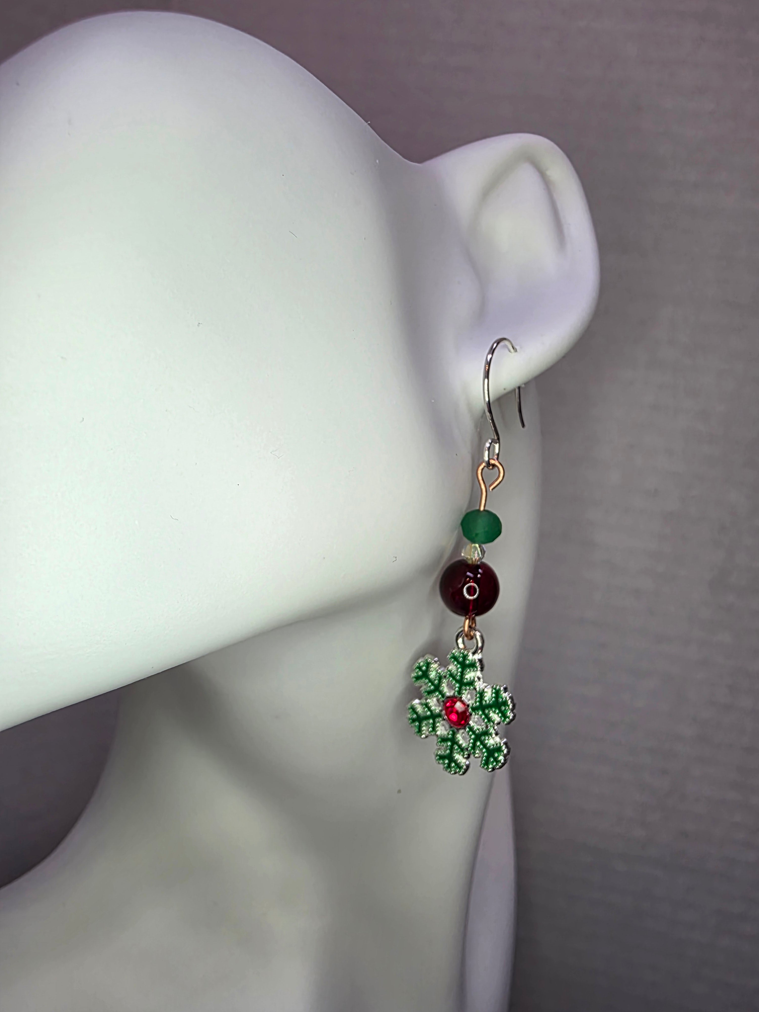 Sterling Silver Snowflake Christmas Earrings, Red and Green Glass Beads