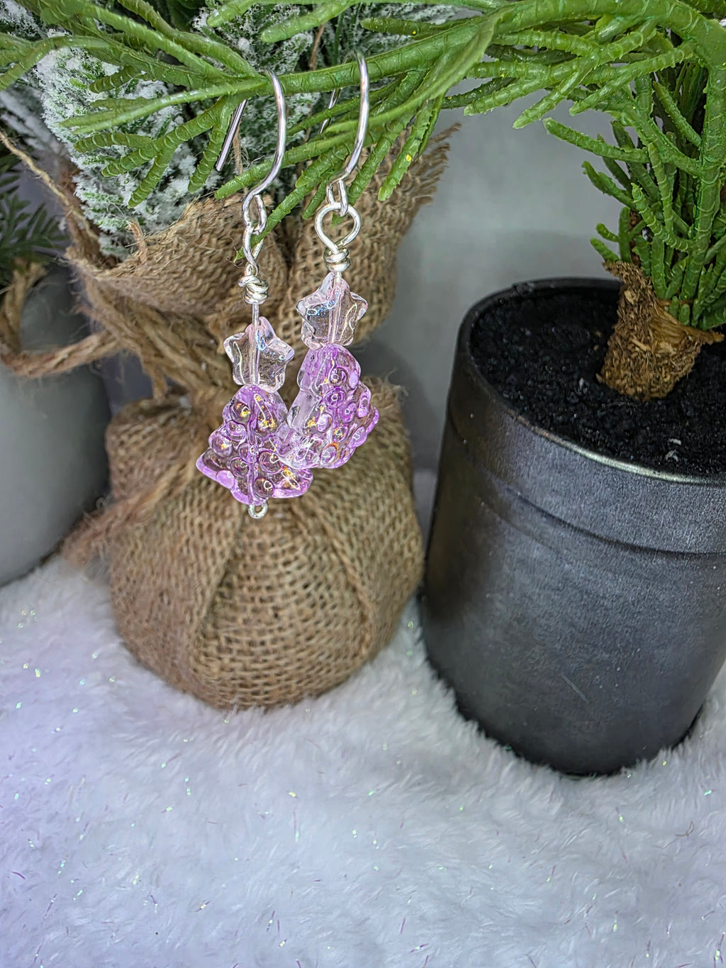 Pink Purple and Gold Fleck Glass Beads Sterling Silver Wire Hand Made Christmas Tree Earrings