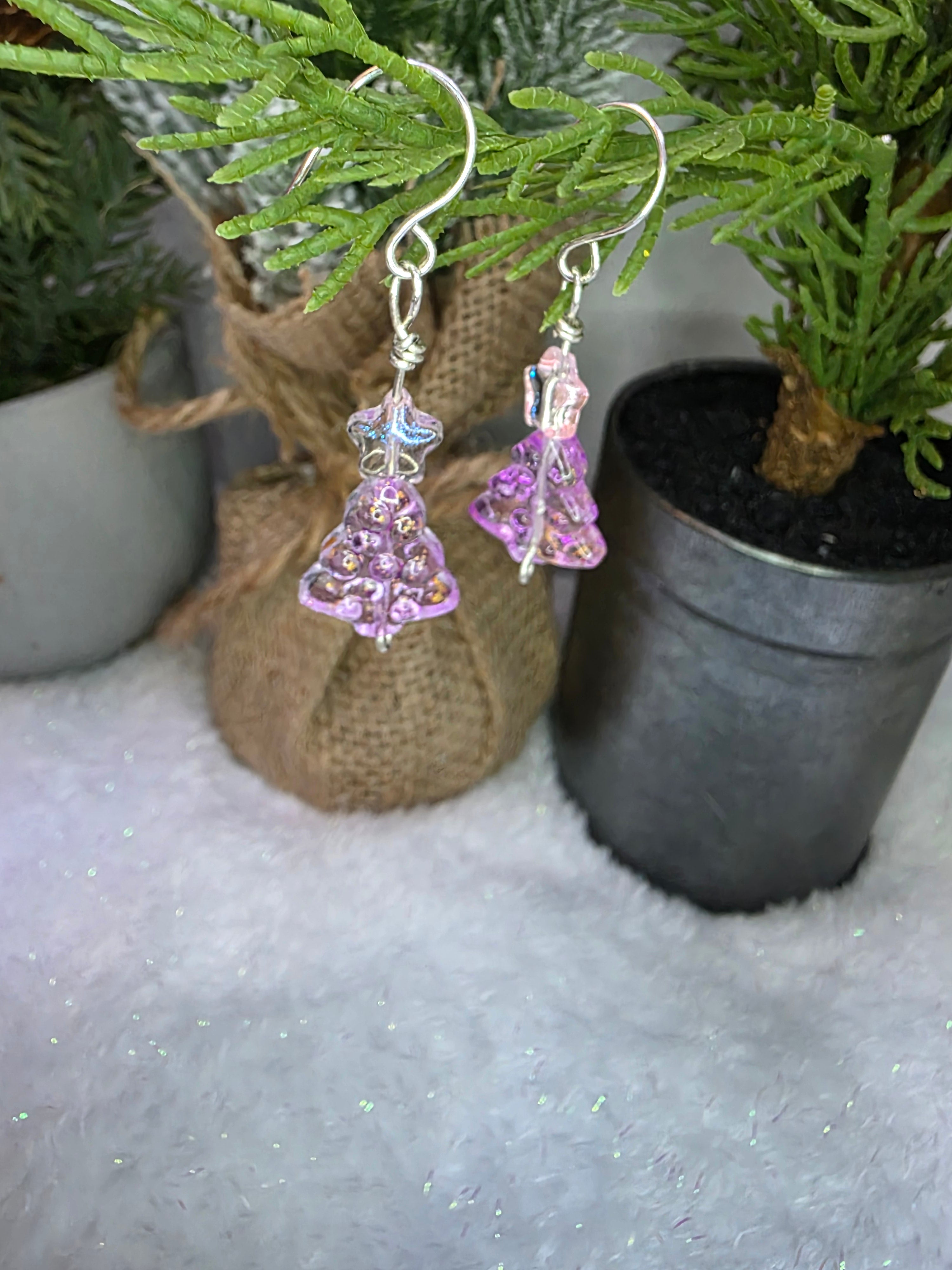 Pink Purple and Gold Fleck Glass Beads Sterling Silver Wire Hand Made Christmas Tree Earrings