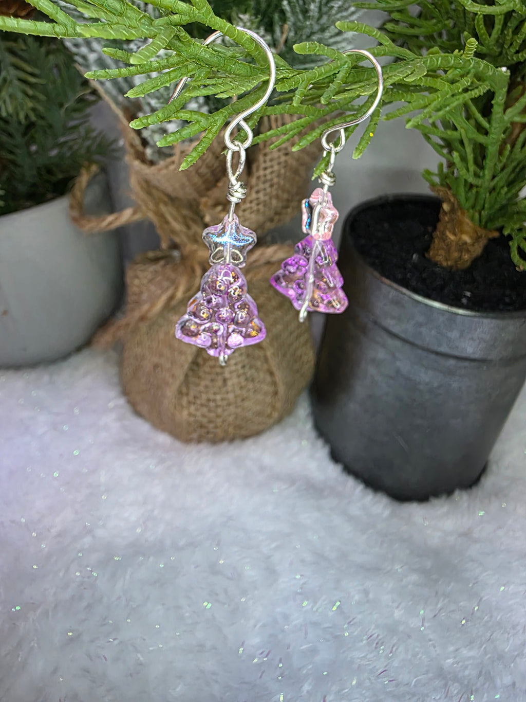 Pink Purple and Gold Fleck Glass Beads Sterling Silver Wire Hand Made Christmas Tree Earrings