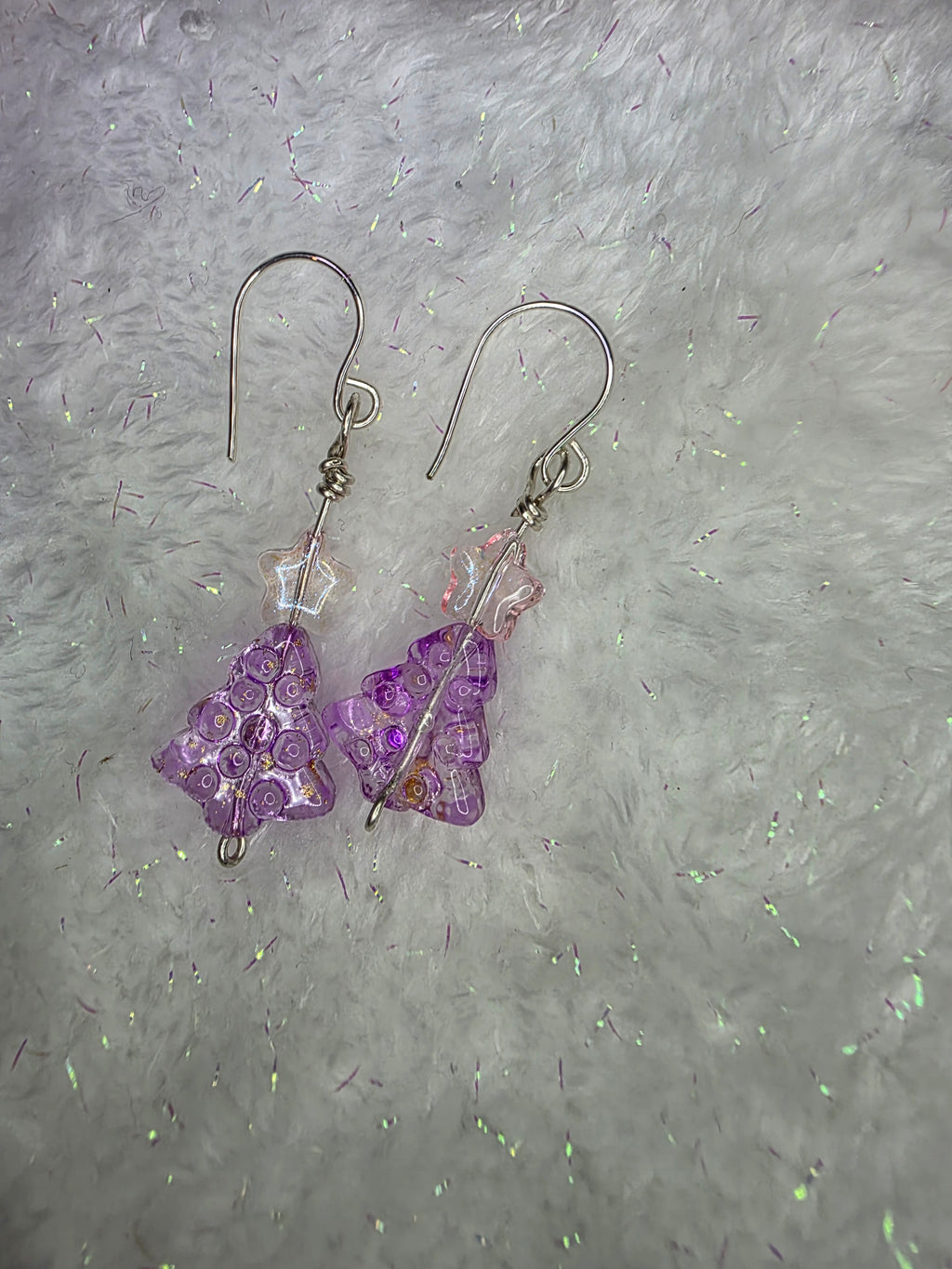 Pink Purple and Gold Fleck Glass Beads Sterling Silver Wire Hand Made Christmas Tree Earrings