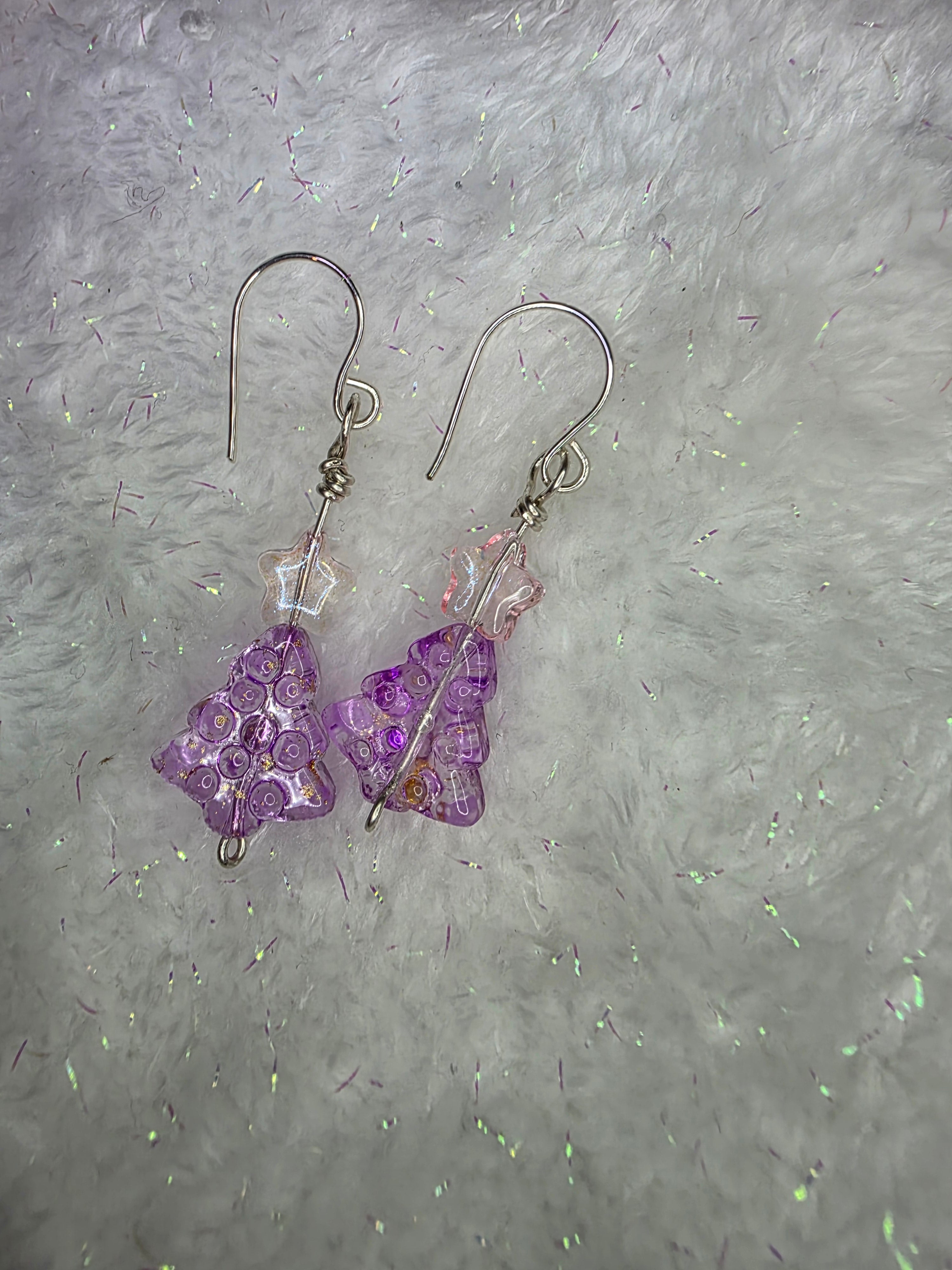 Pink Purple and Gold Fleck Glass Beads Sterling Silver Wire Hand Made Christmas Tree Earrings