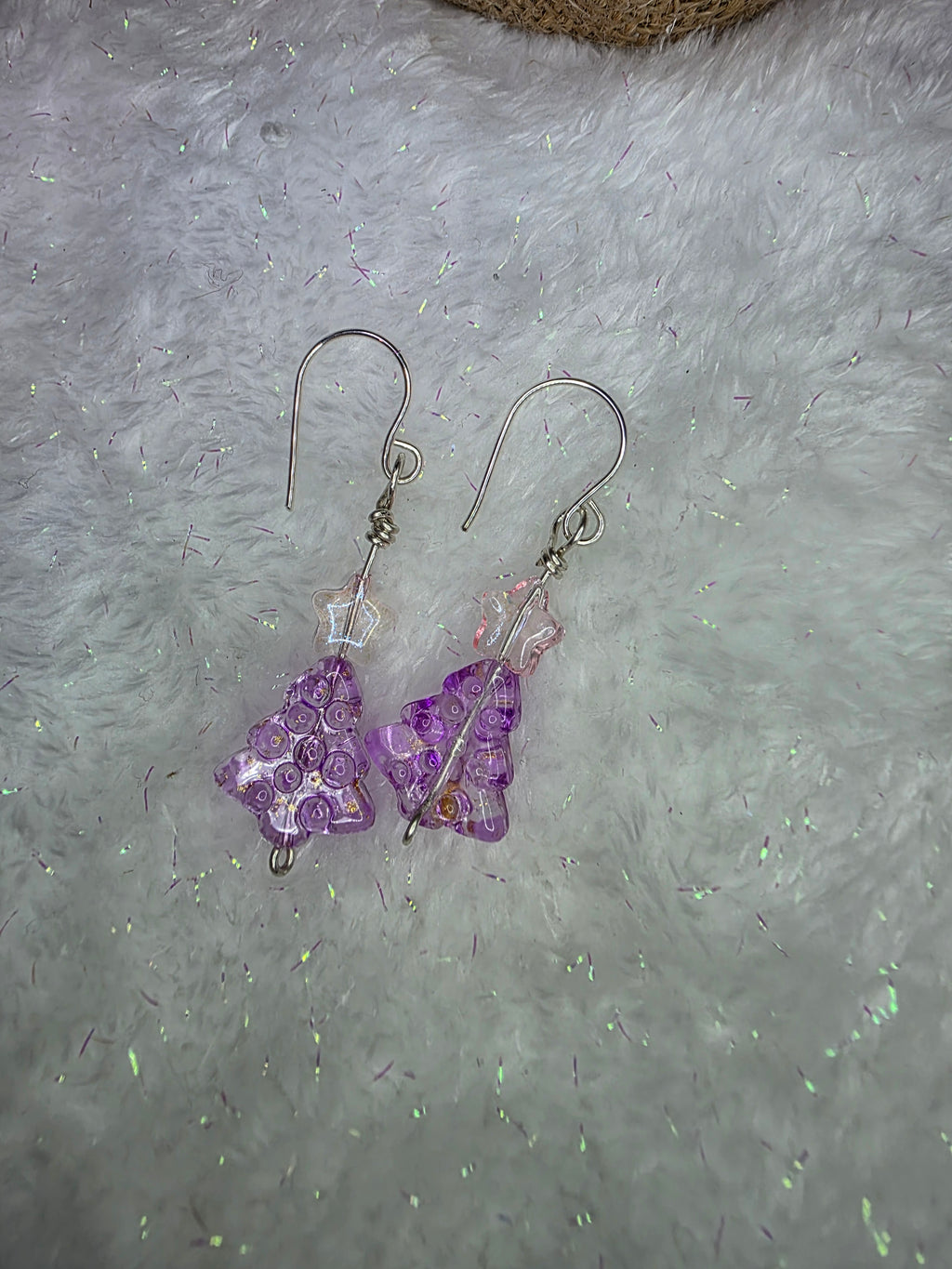 Pink Purple and Gold Fleck Glass Beads Sterling Silver Wire Hand Made Christmas Tree Earrings