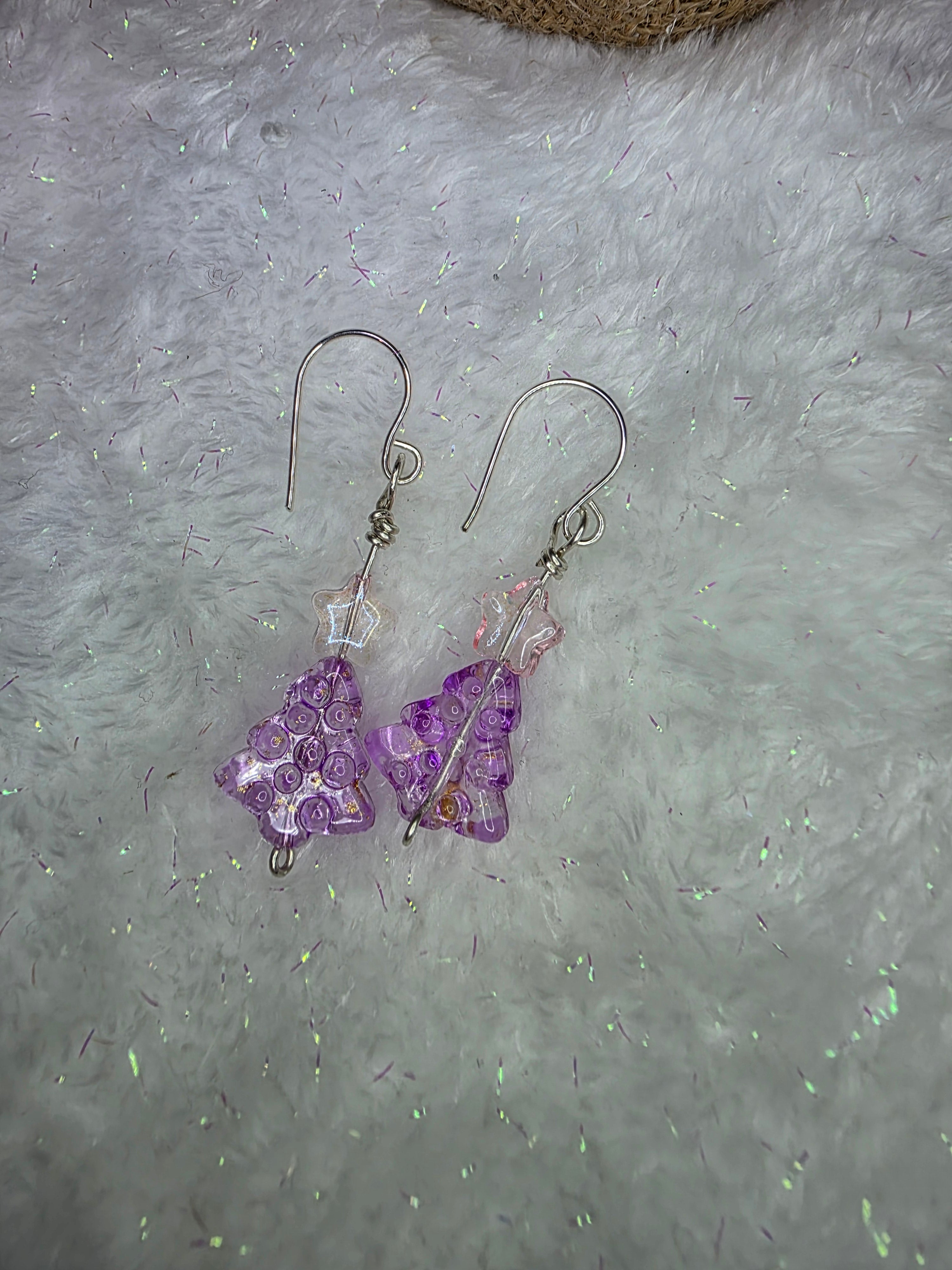 Pink Purple and Gold Fleck Glass Beads Sterling Silver Wire Hand Made Christmas Tree Earrings
