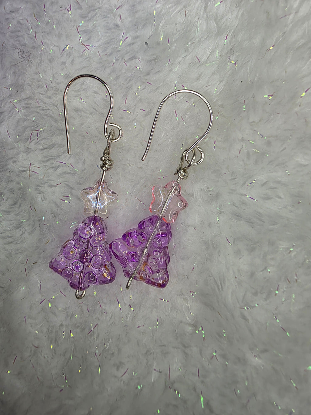 Pink Purple and Gold Fleck Glass Beads Sterling Silver Wire Hand Made Christmas Tree Earrings