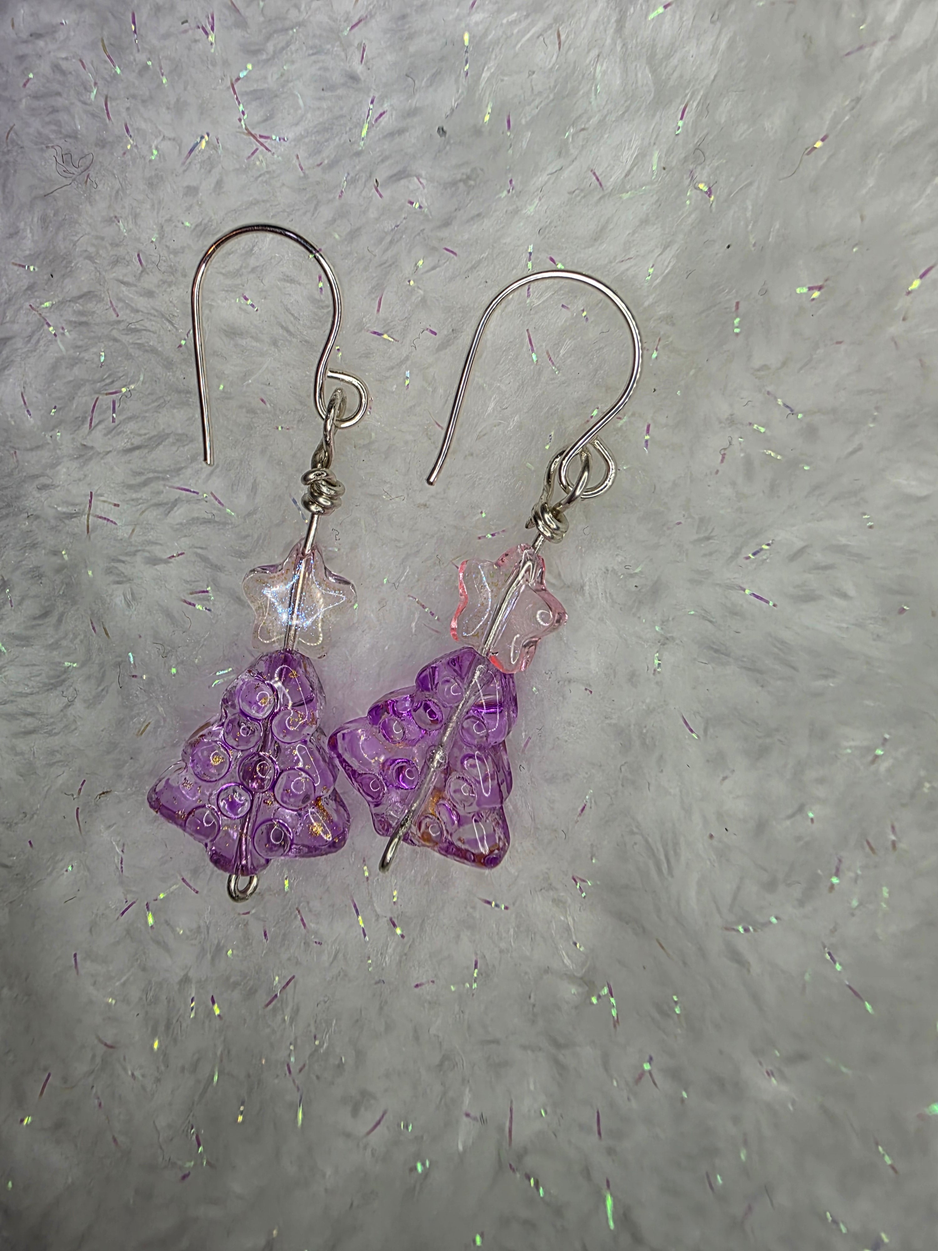 Pink Purple and Gold Fleck Glass Beads Sterling Silver Wire Hand Made Christmas Tree Earrings