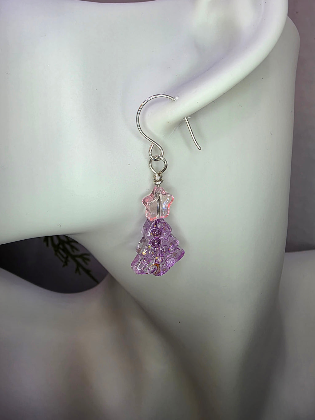 Pink Purple and Gold Fleck Glass Beads Sterling Silver Wire Hand Made Christmas Tree Earrings