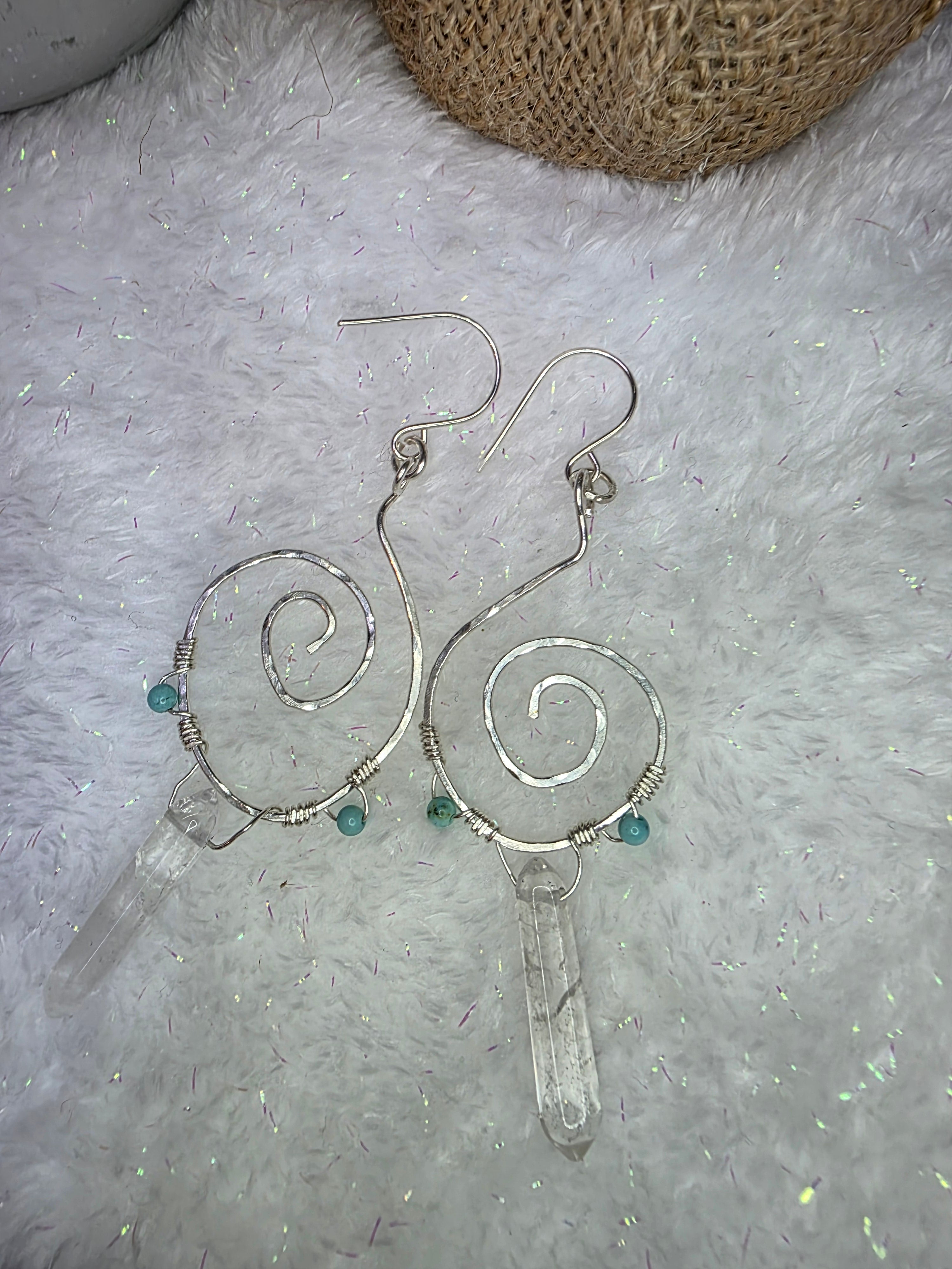 Sterling Silver Turquoise Clear Crystal Quartz Double Point Spiral Drop Earrings