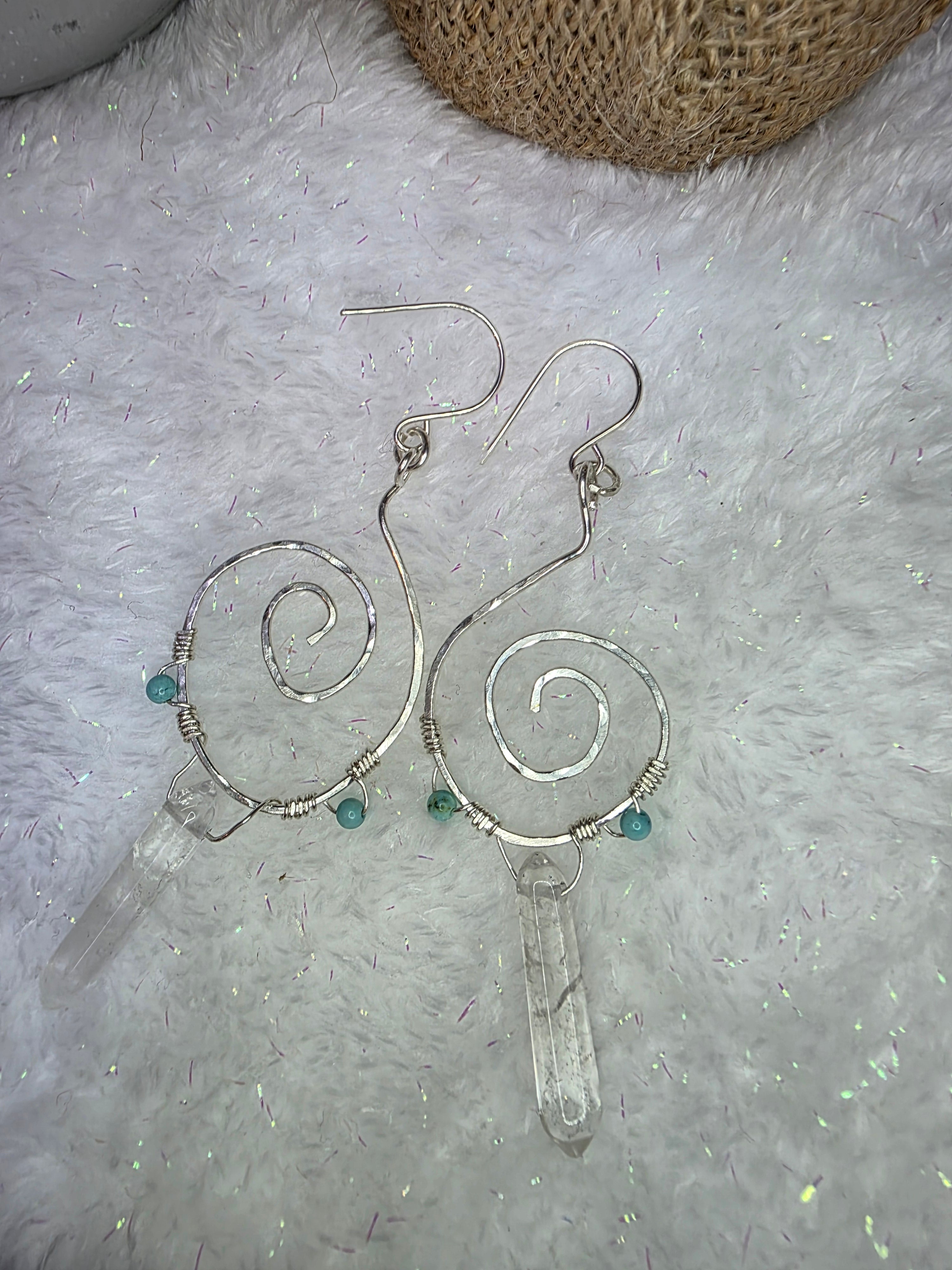 Sterling Silver Turquoise Clear Crystal Quartz Double Point Spiral Drop Earrings