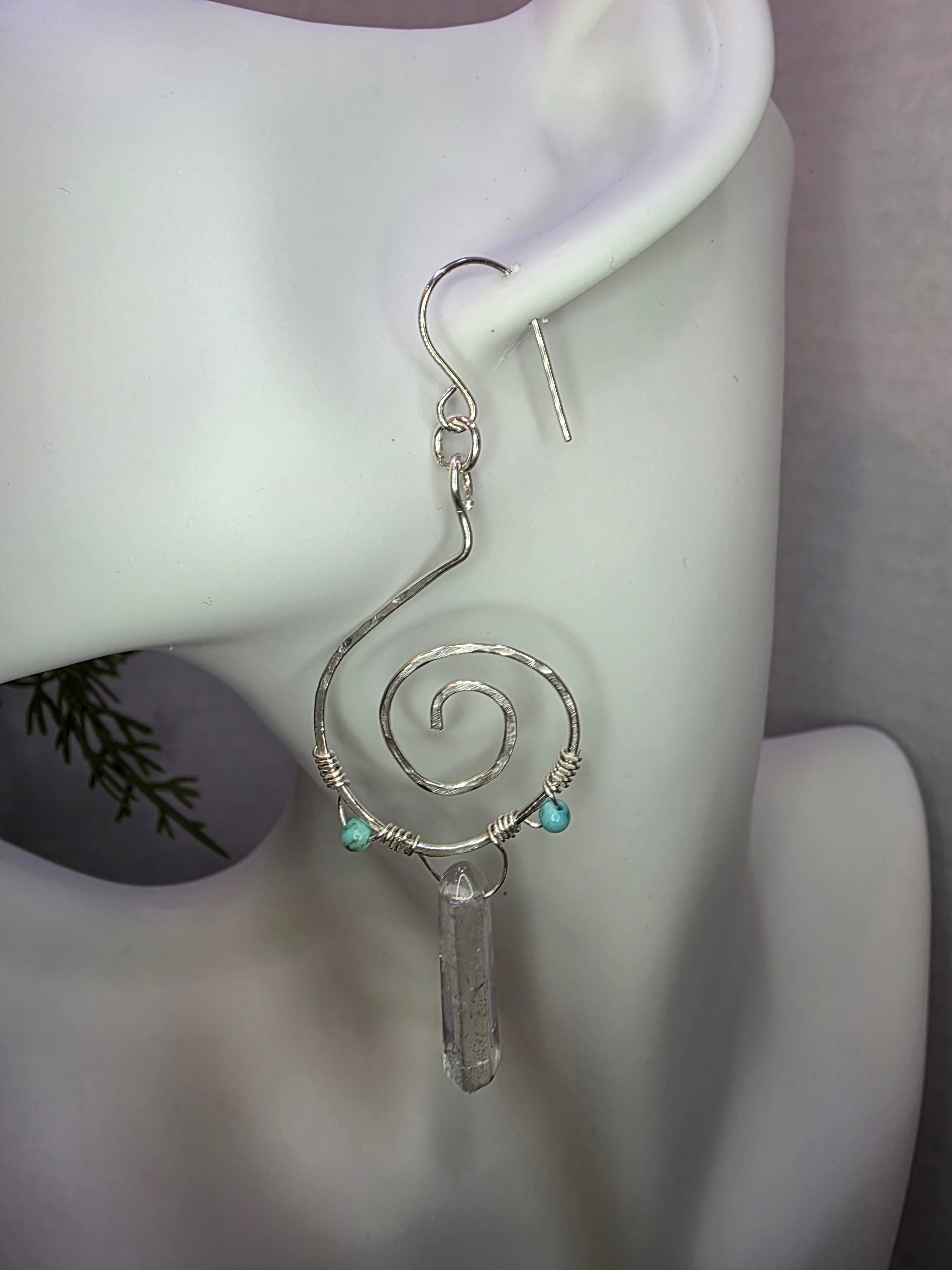 Sterling Silver Turquoise Clear Crystal Quartz Double Point Spiral Drop Earrings