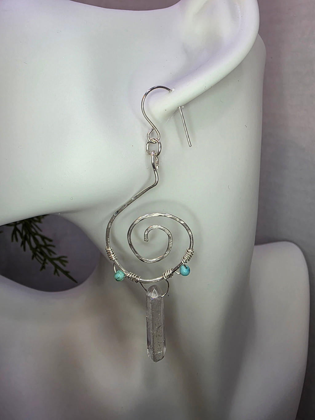 Sterling Silver Turquoise Clear Crystal Quartz Double Point Spiral Drop Earrings