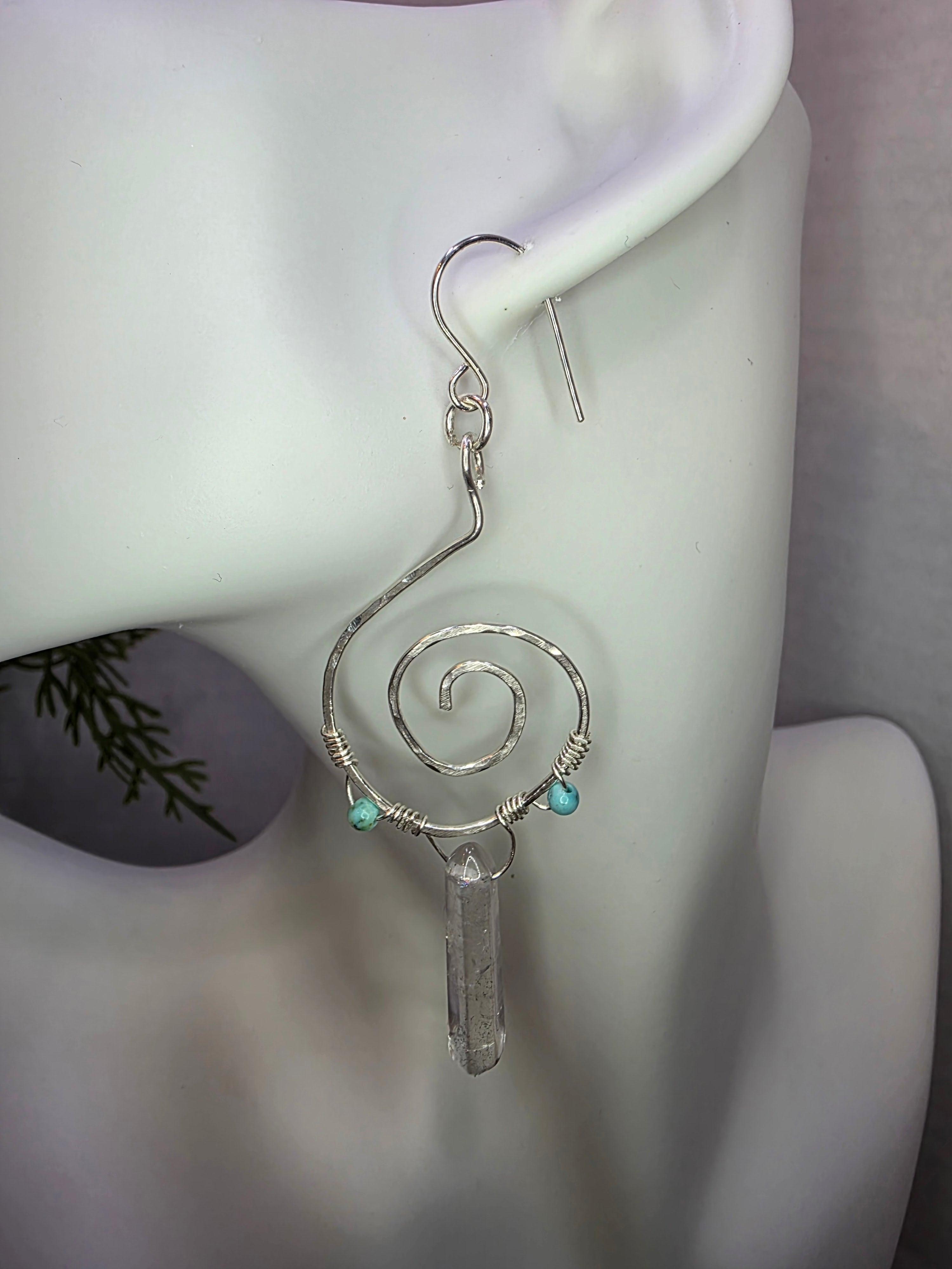 Sterling Silver Turquoise Clear Crystal Quartz Double Point Spiral Drop Earrings