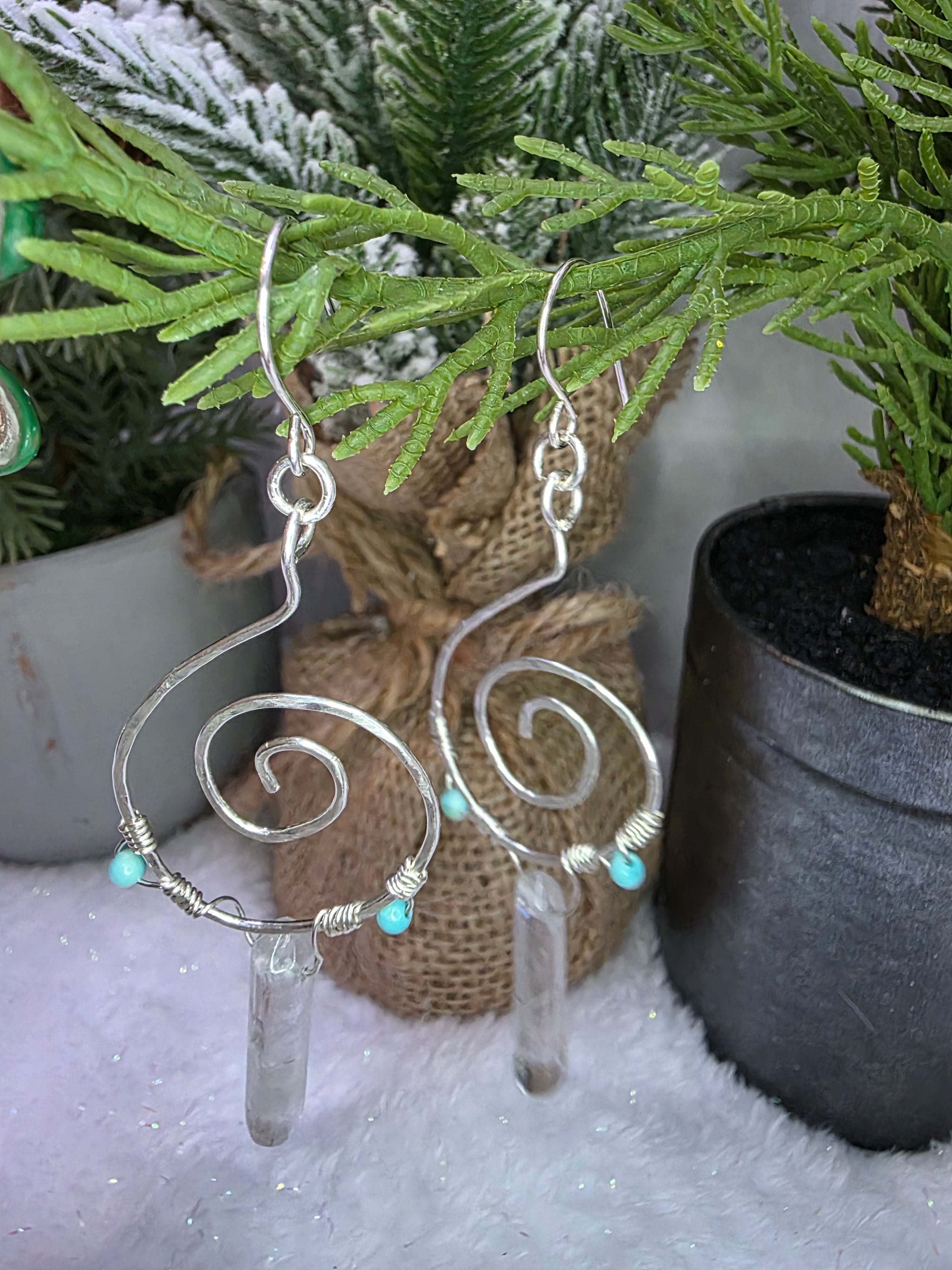 Sterling Silver Turquoise Clear Crystal Quartz Double Point Spiral Drop Earrings