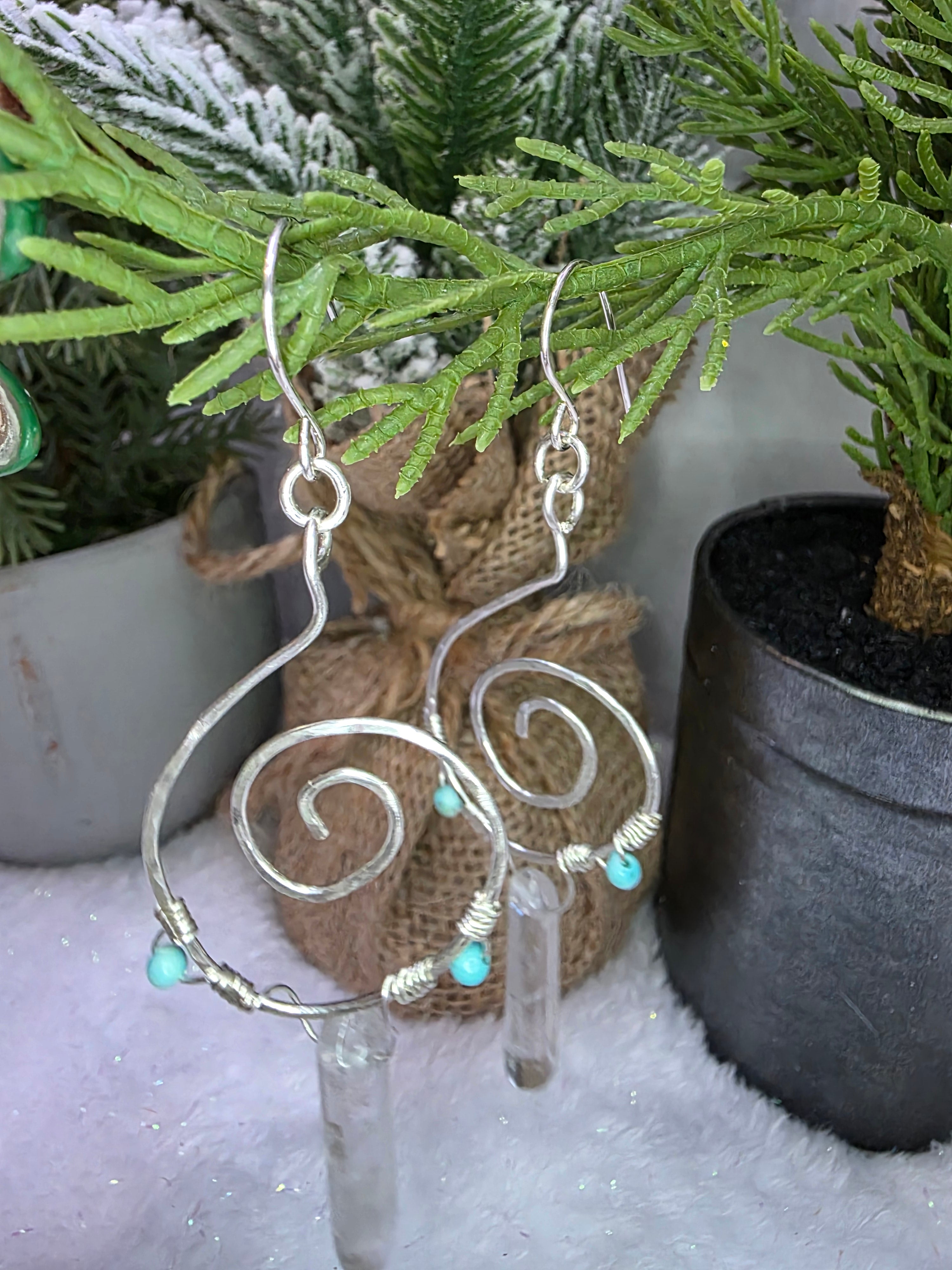 Sterling Silver Turquoise Clear Crystal Quartz Double Point Spiral Drop Earrings