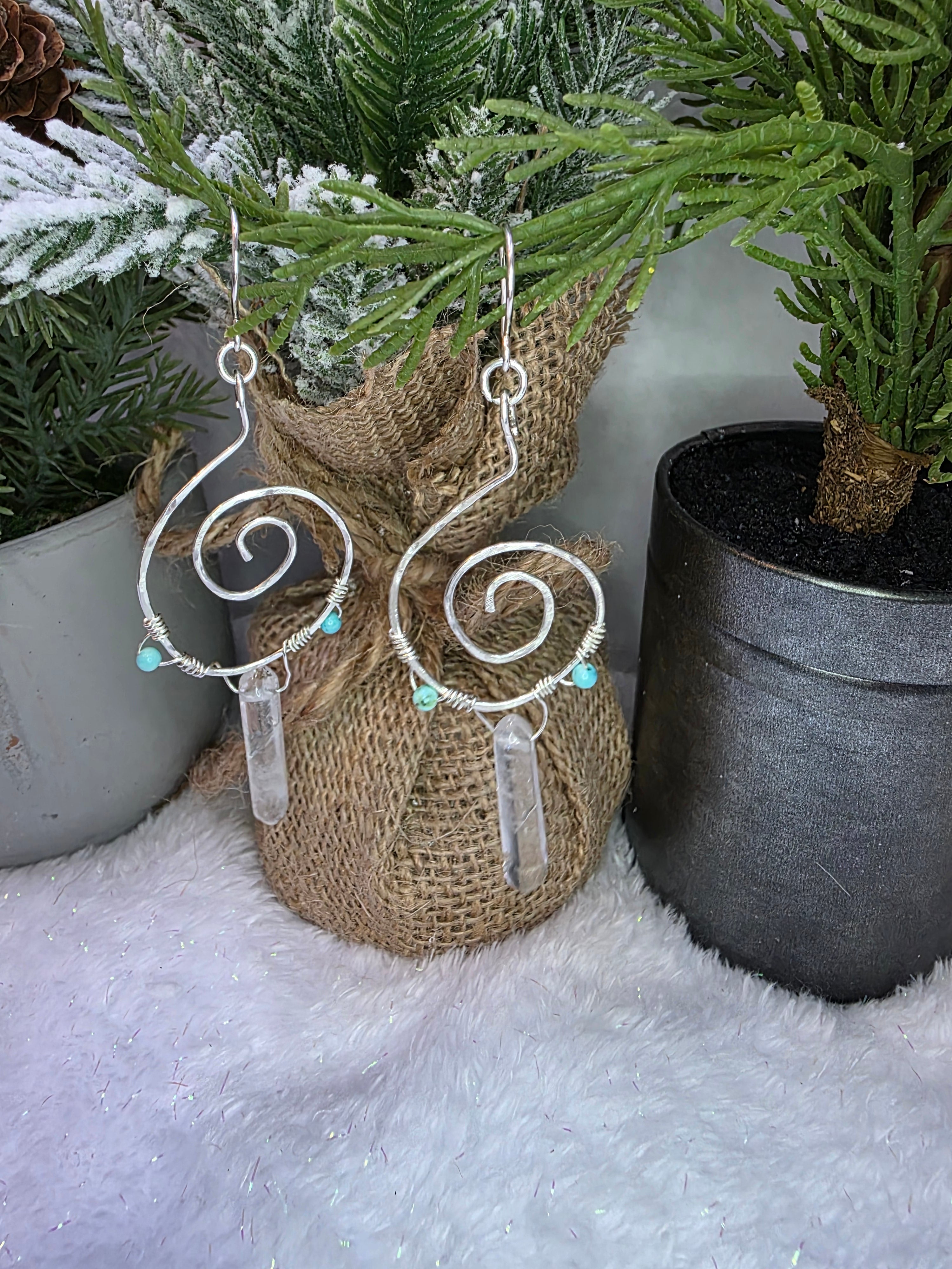 Sterling Silver Turquoise Clear Crystal Quartz Double Point Spiral Drop Earrings