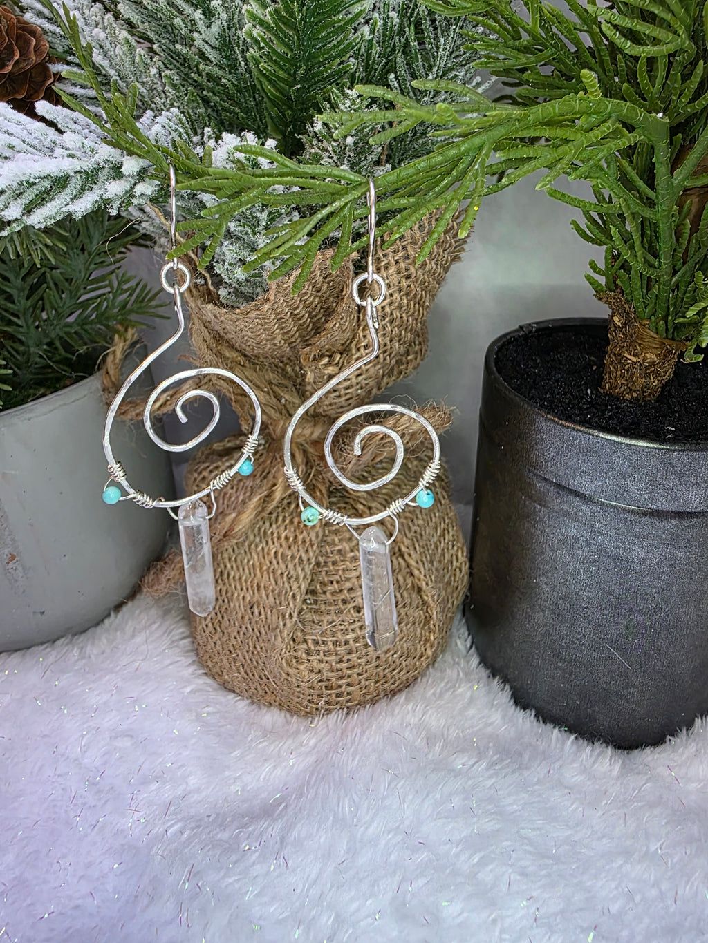 Sterling Silver Turquoise Clear Crystal Quartz Double Point Spiral Drop Earrings