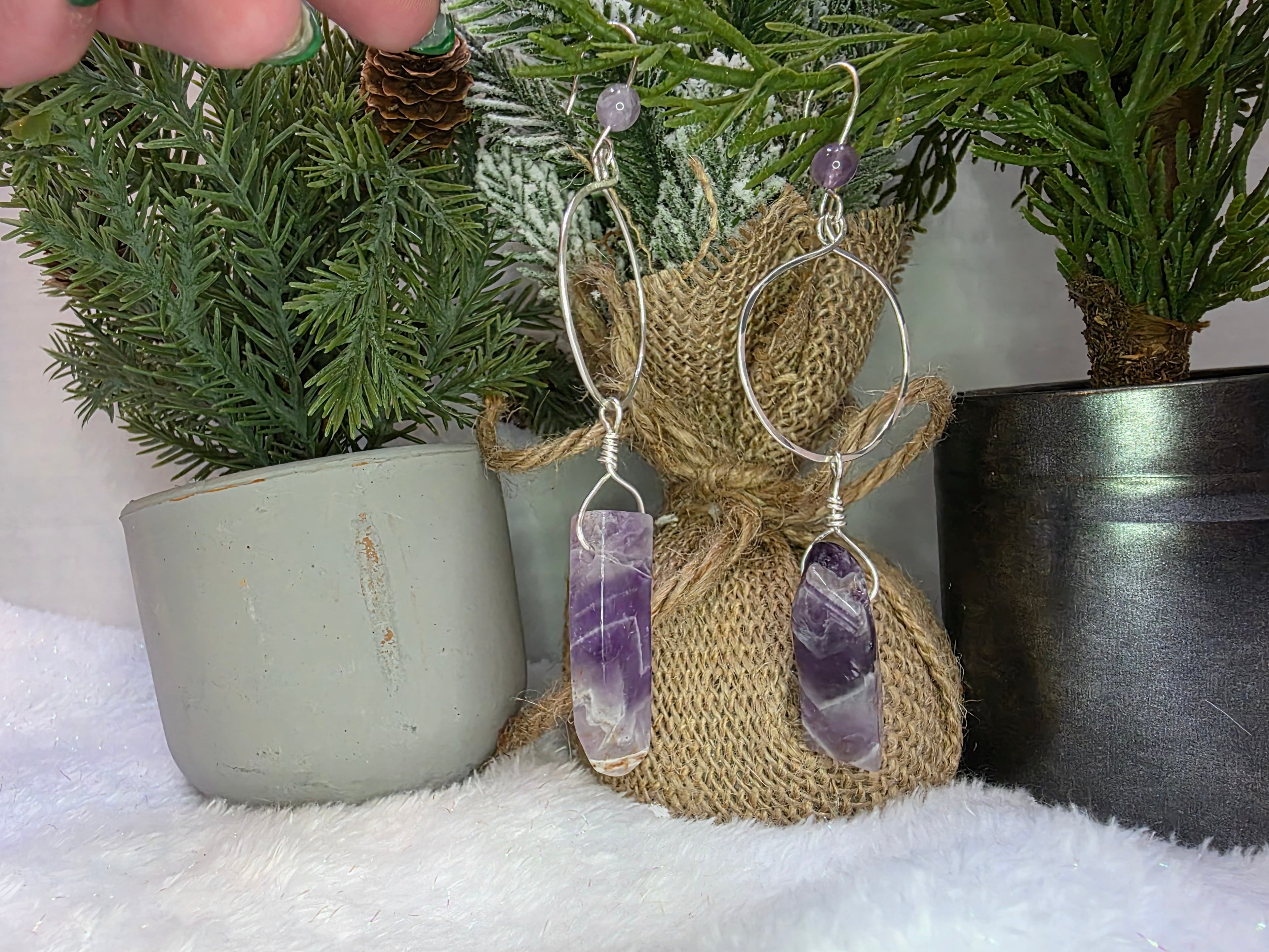Chevron Dream Amethyst Drop Sterling Silver Hoop Earrings