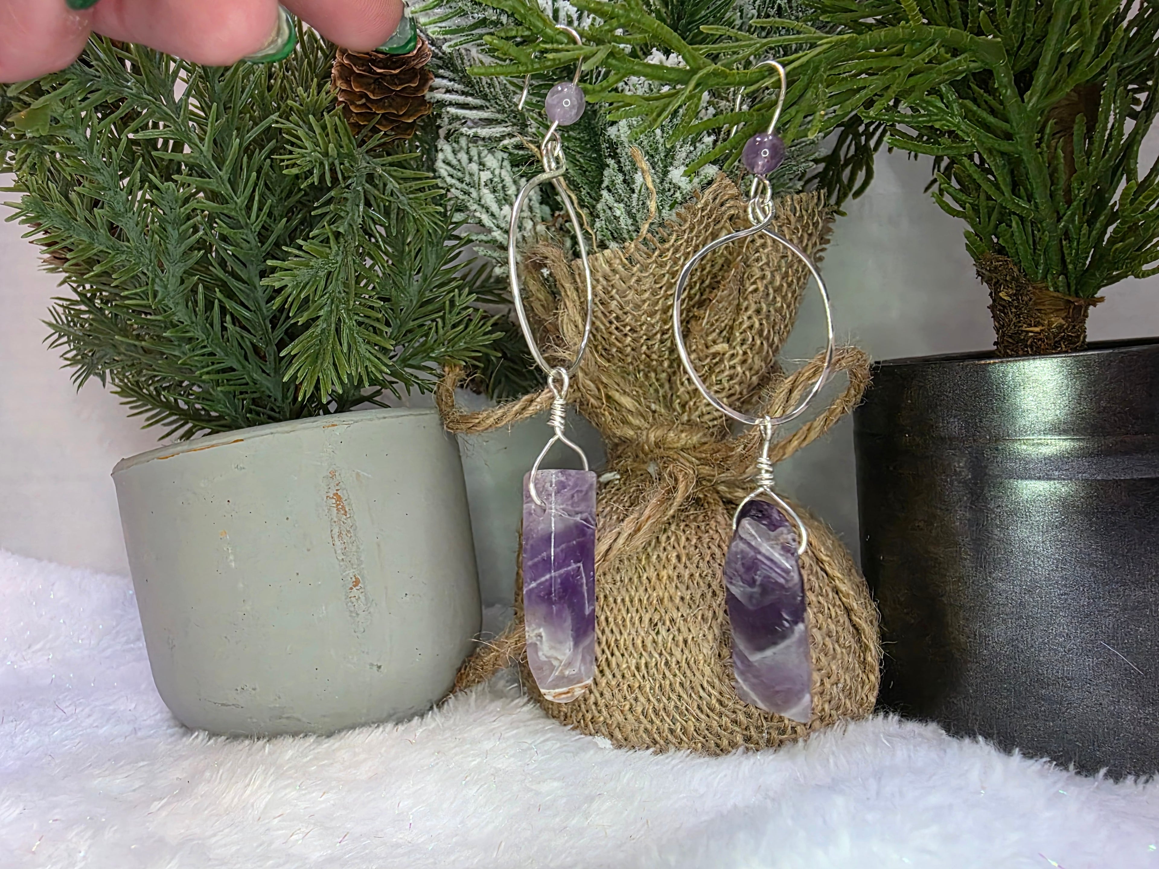 Chevron Dream Amethyst Drop Sterling Silver Hoop Earrings