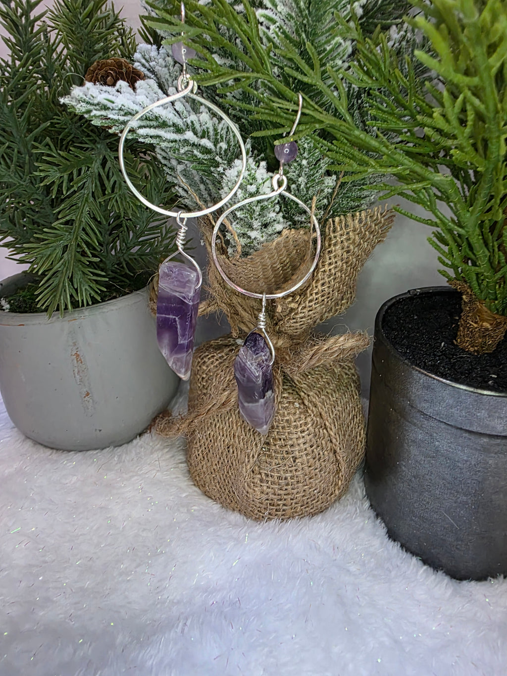 Chevron Dream Amethyst Drop Sterling Silver Hoop Earrings