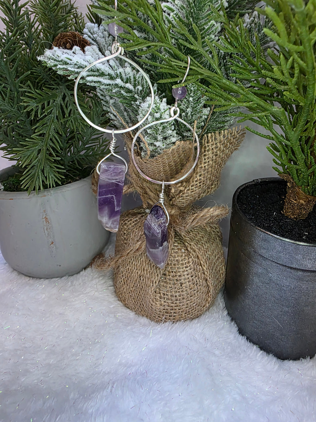 Chevron Dream Amethyst Drop Sterling Silver Hoop Earrings