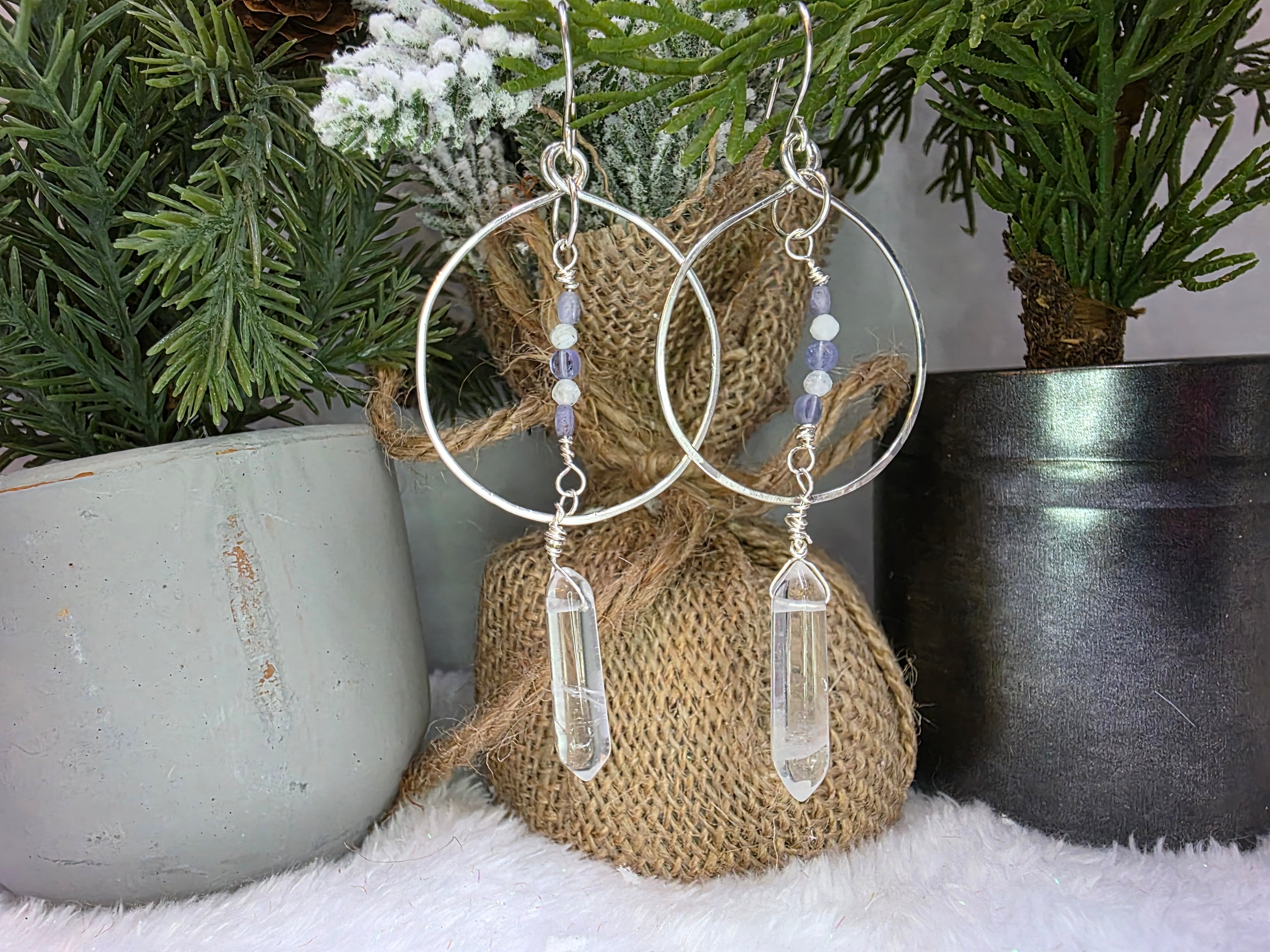 Tanzanite and Quartz Dangle Drop Earrings with Clear Quartz Double Point Drops