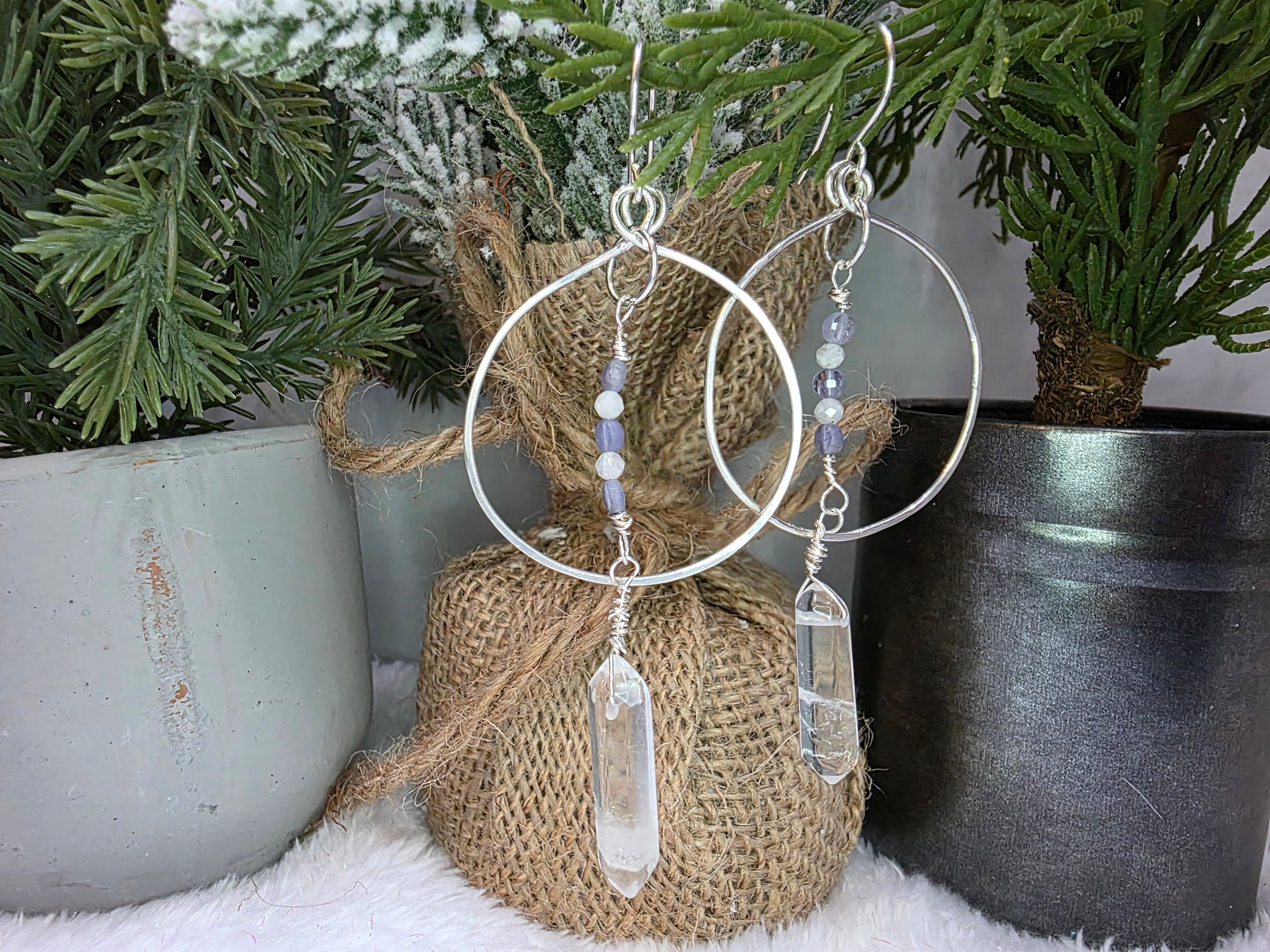 Tanzanite and Quartz Dangle Drop Earrings with Clear Quartz Double Point Drops