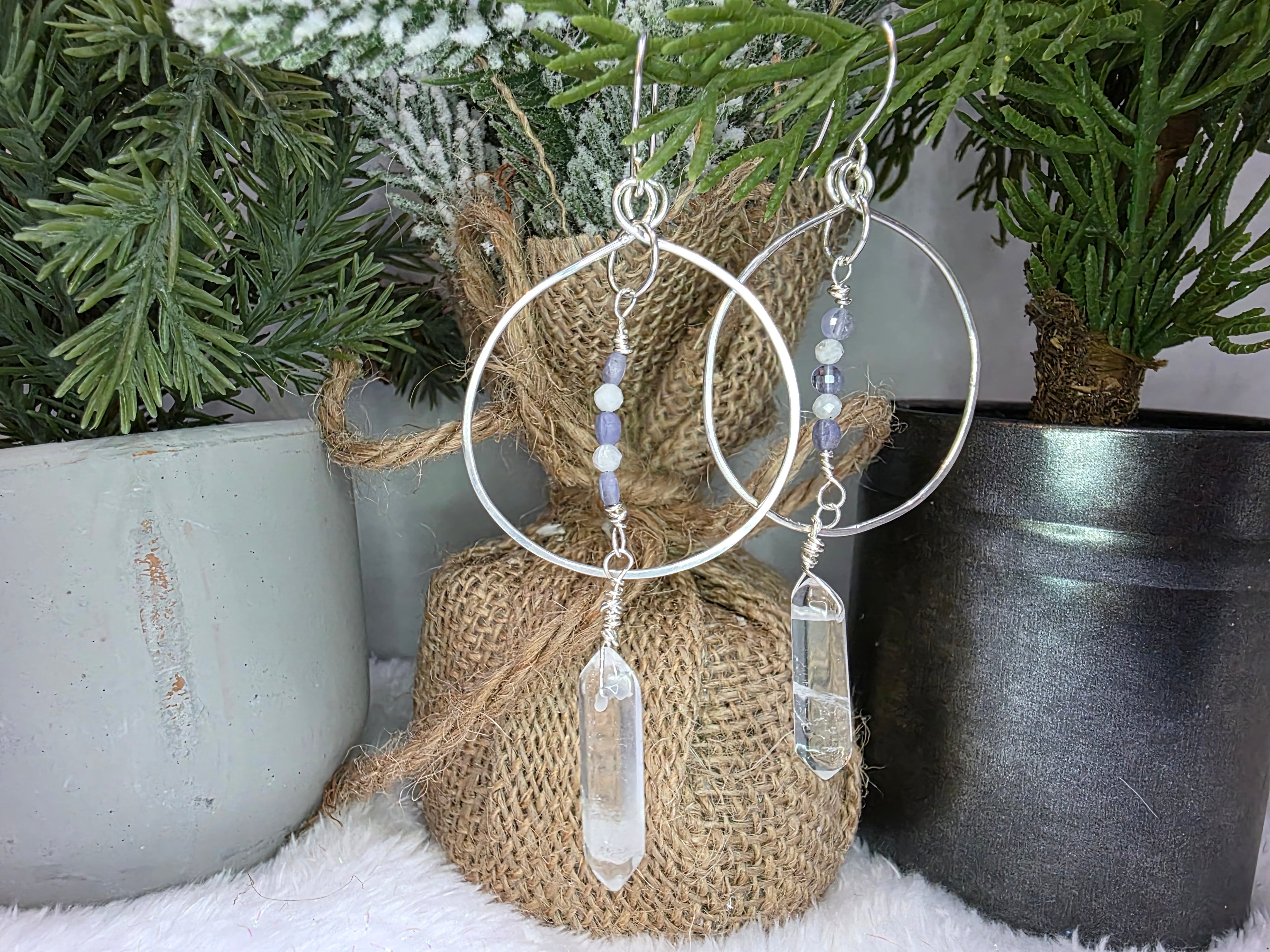 Tanzanite and Quartz Dangle Drop Earrings with Clear Quartz Double Point Drops