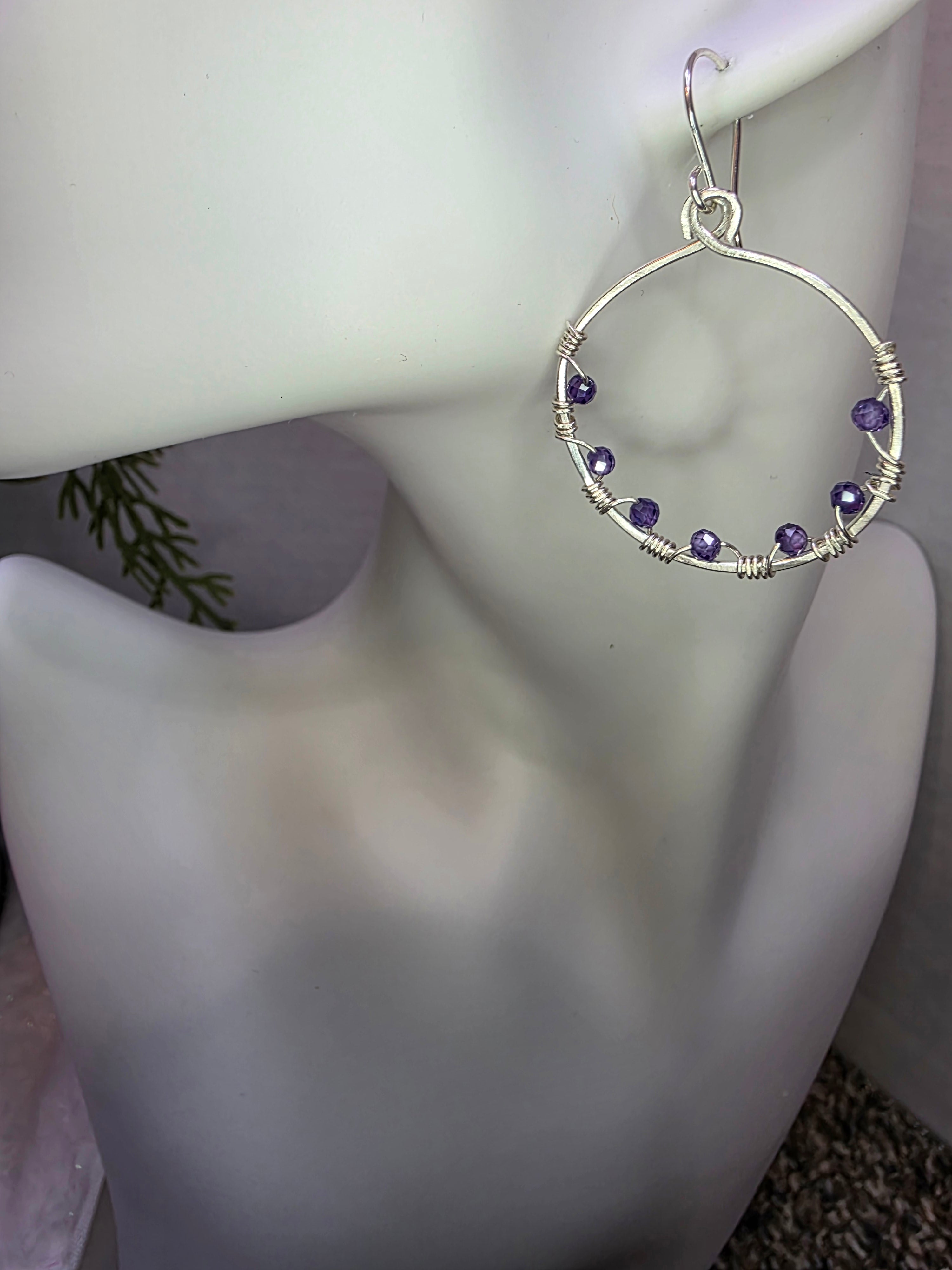 Tanzanite and Sterling Silver Hoop Earrings December Birthday Hoops
