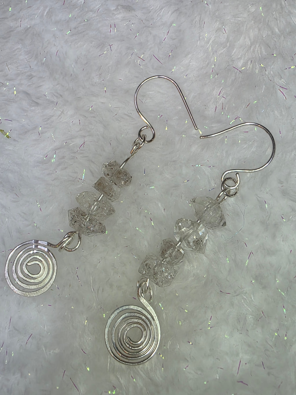 Handmade Herkimer Diamond and Sterling Silver Hammered Swirl Earrings Simple, Elegant