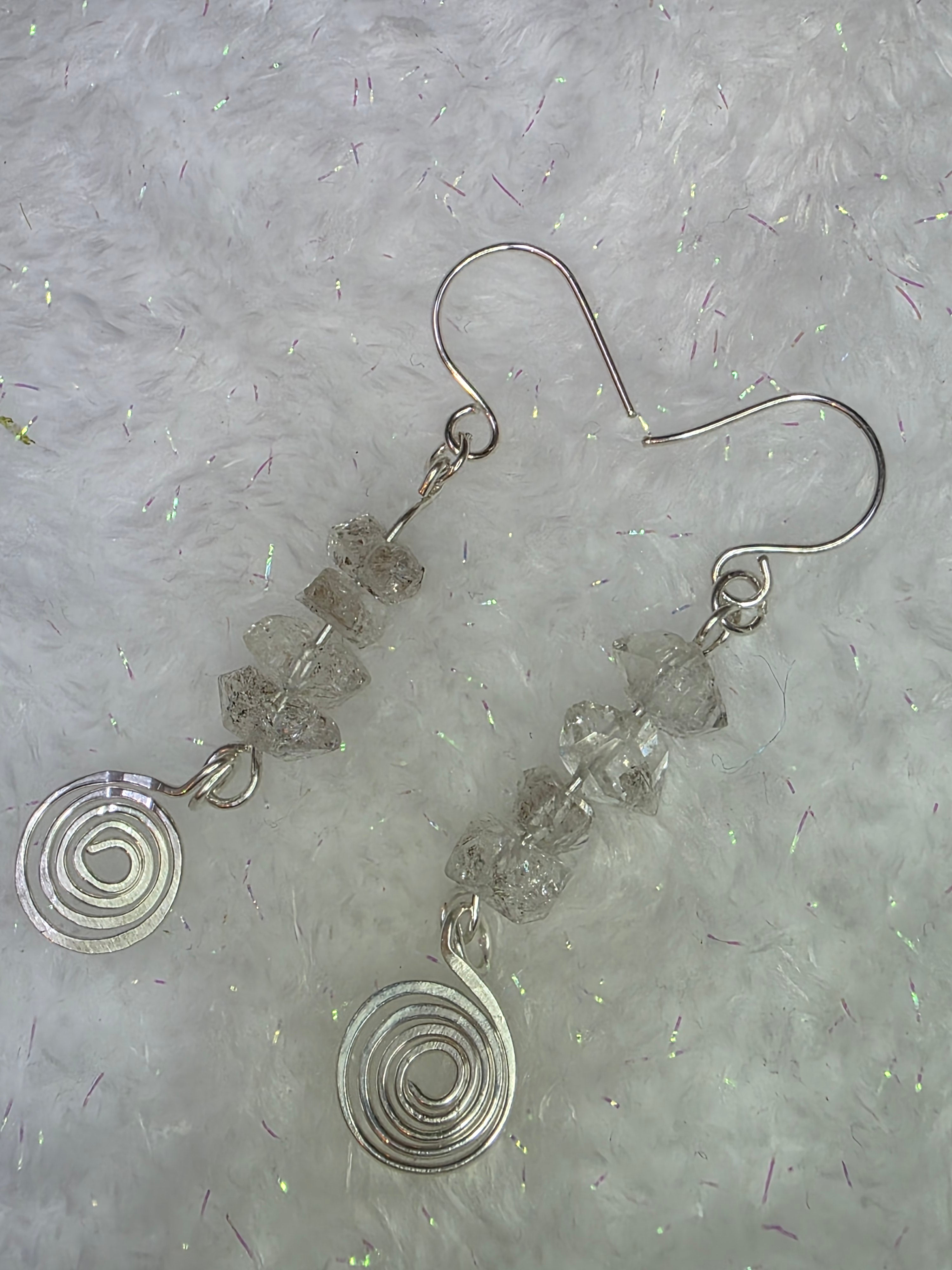 Handmade Herkimer Diamond and Sterling Silver Hammered Swirl Earrings Simple, Elegant