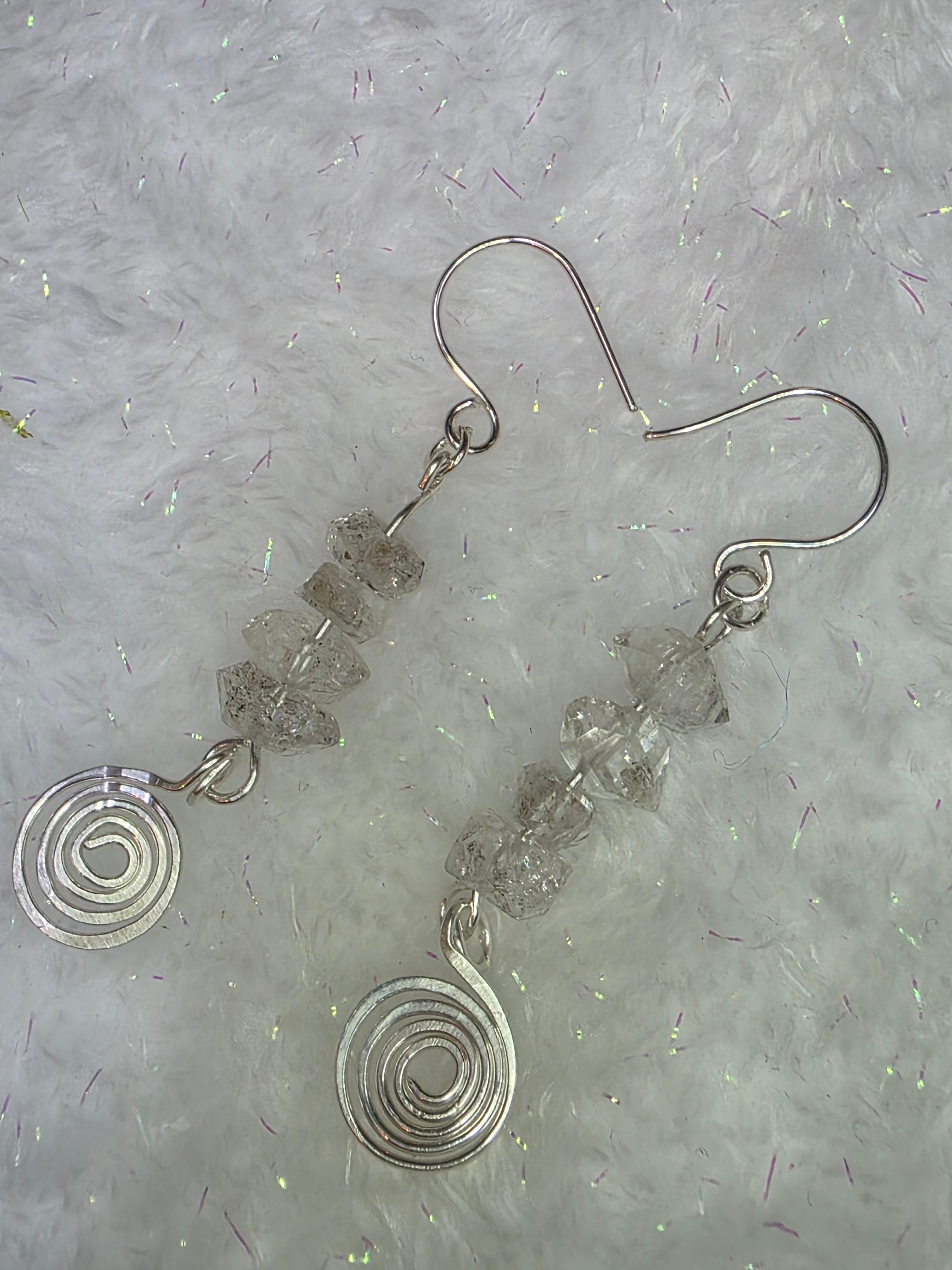 Handmade Herkimer Diamond and Sterling Silver Hammered Swirl Earrings Simple, Elegant