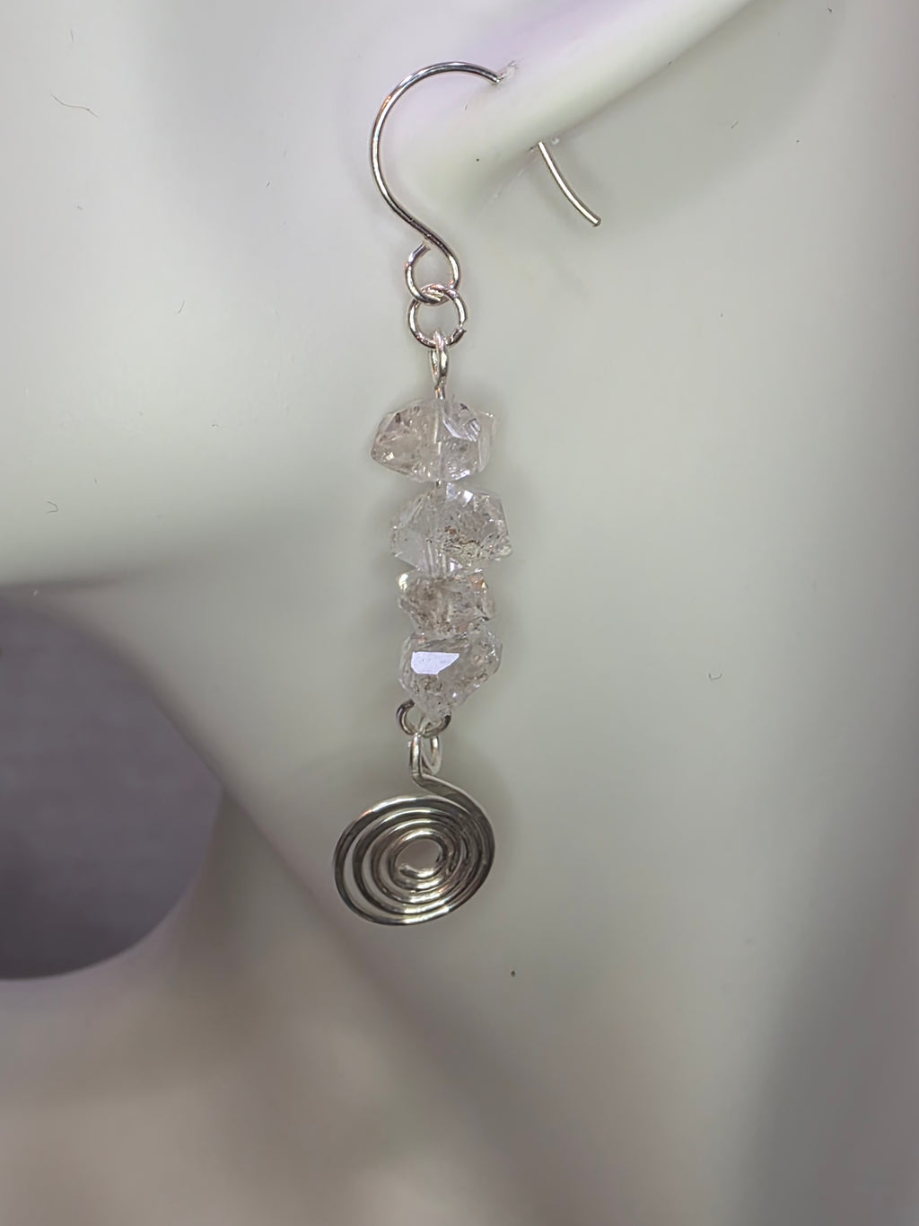 Handmade Herkimer Diamond and Sterling Silver Hammered Swirl Earrings Simple, Elegant