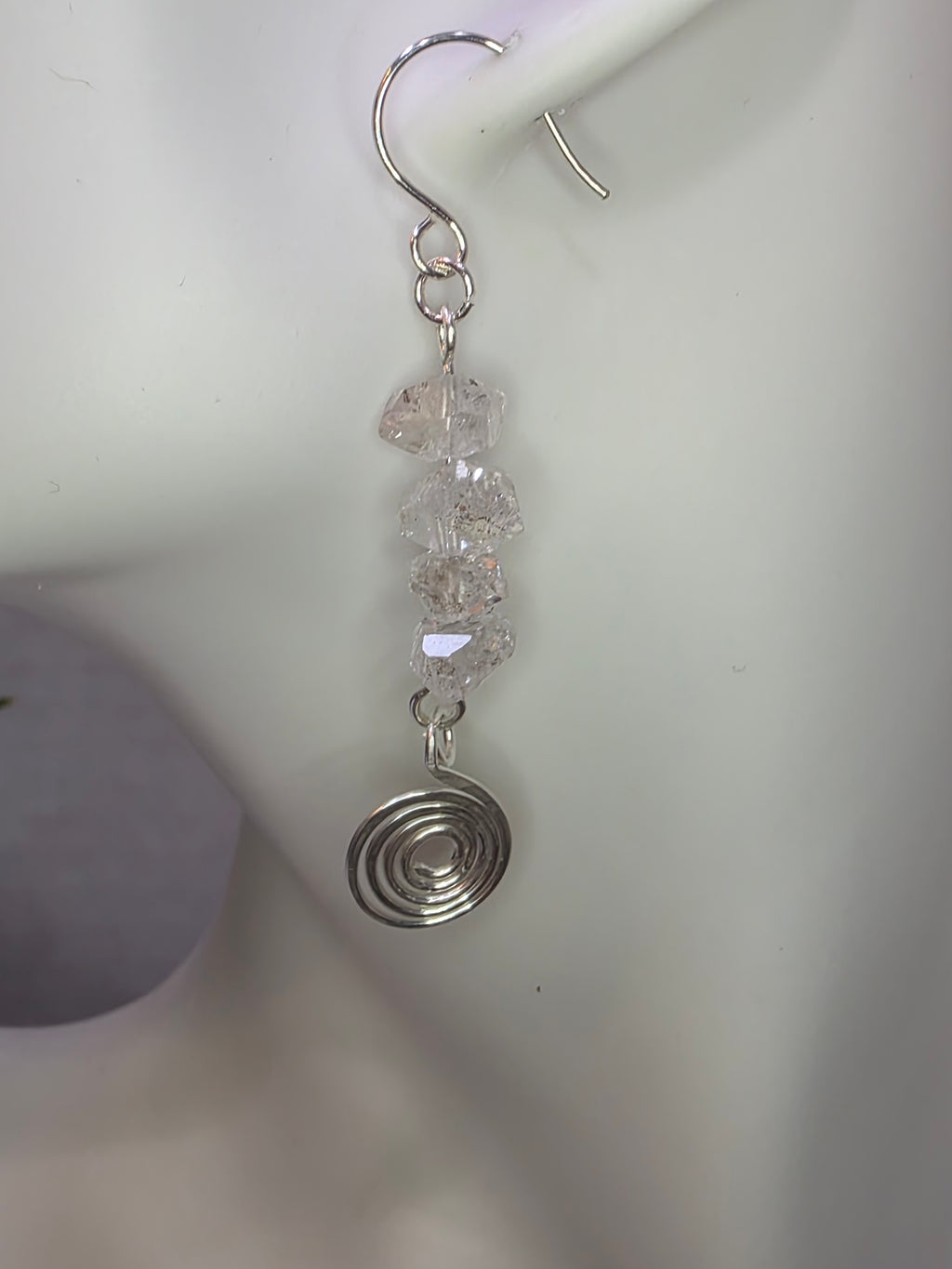 Handmade Herkimer Diamond and Sterling Silver Hammered Swirl Earrings Simple, Elegant