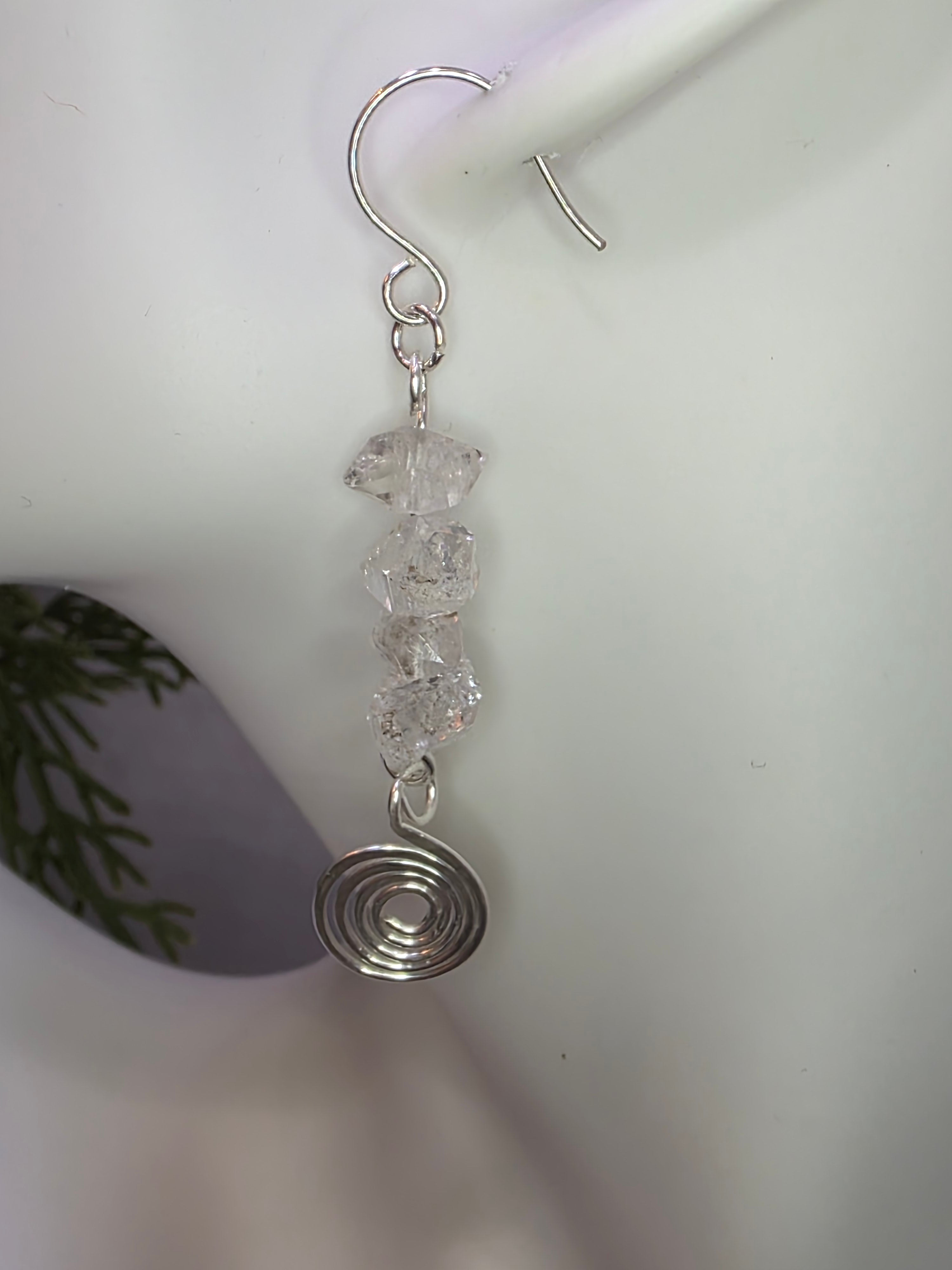 Handmade Herkimer Diamond and Sterling Silver Hammered Swirl Earrings Simple, Elegant