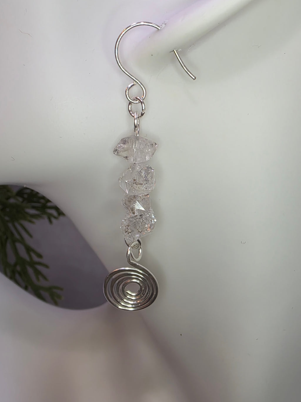 Handmade Herkimer Diamond and Sterling Silver Hammered Swirl Earrings Simple, Elegant