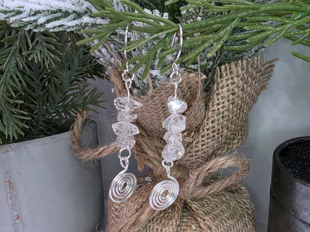 Handmade Herkimer Diamond and Sterling Silver Hammered Swirl Earrings Simple, Elegant