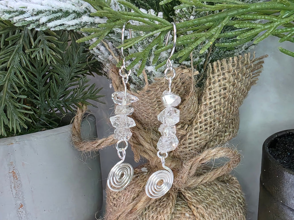 Handmade Herkimer Diamond and Sterling Silver Hammered Swirl Earrings Simple, Elegant