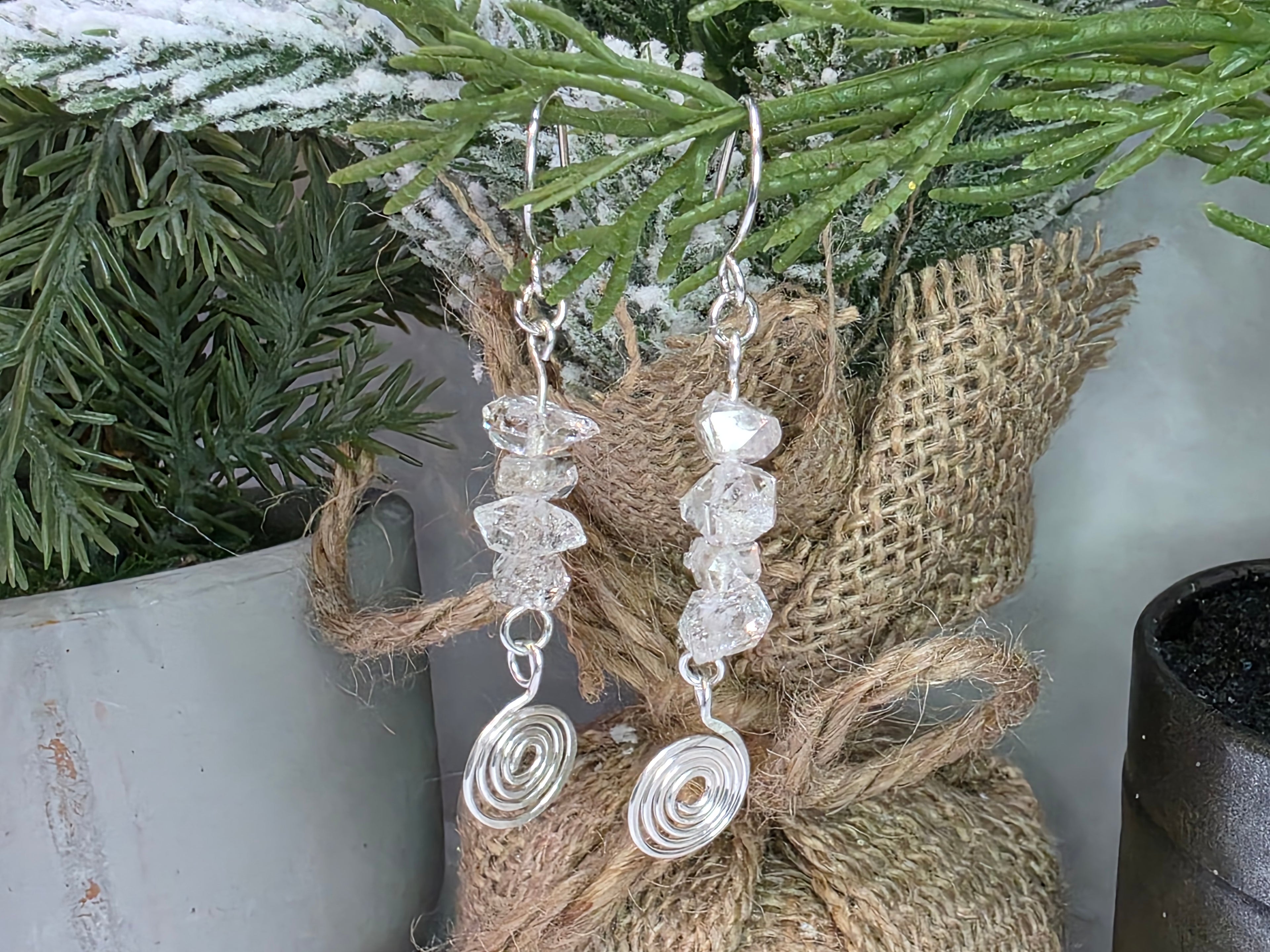 Handmade Herkimer Diamond and Sterling Silver Hammered Swirl Earrings Simple, Elegant