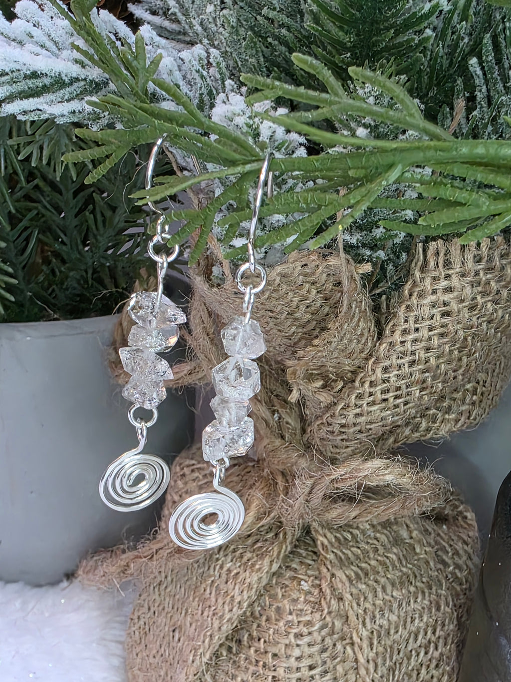 Handmade Herkimer Diamond and Sterling Silver Hammered Swirl Earrings Simple, Elegant