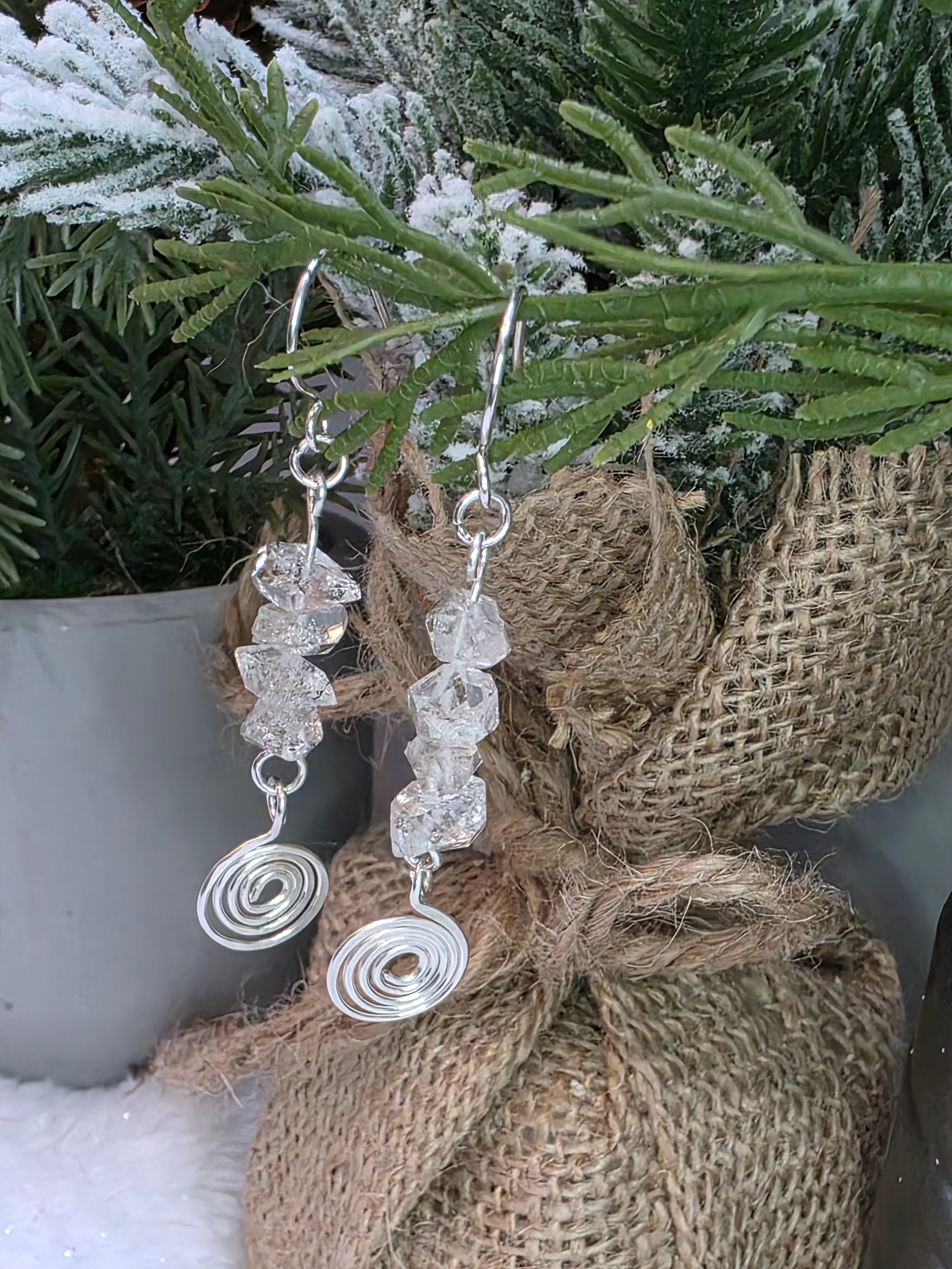 Handmade Herkimer Diamond and Sterling Silver Hammered Swirl Earrings Simple, Elegant