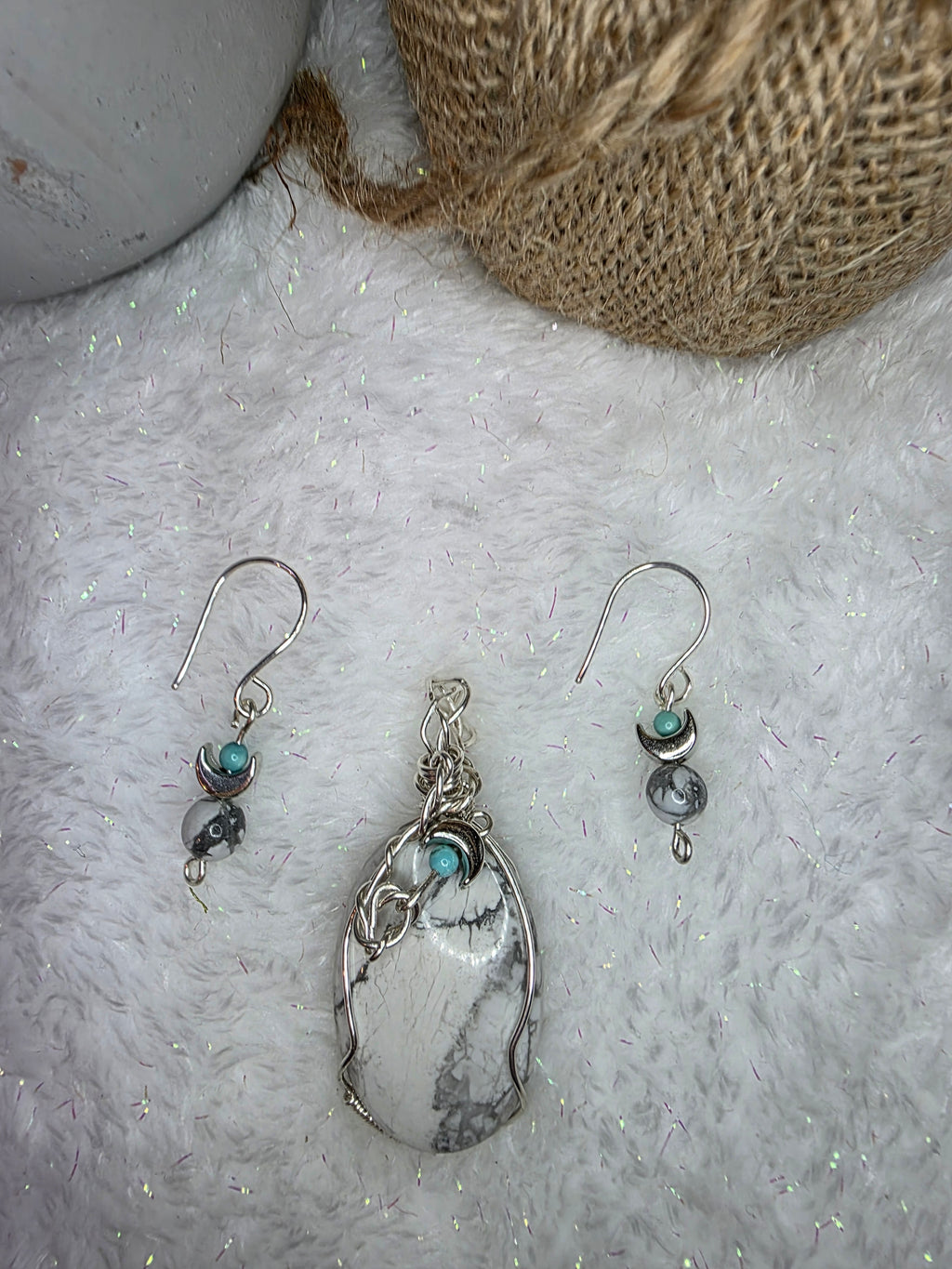Howlite and Turquoise Sterling Silver Wire Wrapped Pendant and Earrings Set with Moons