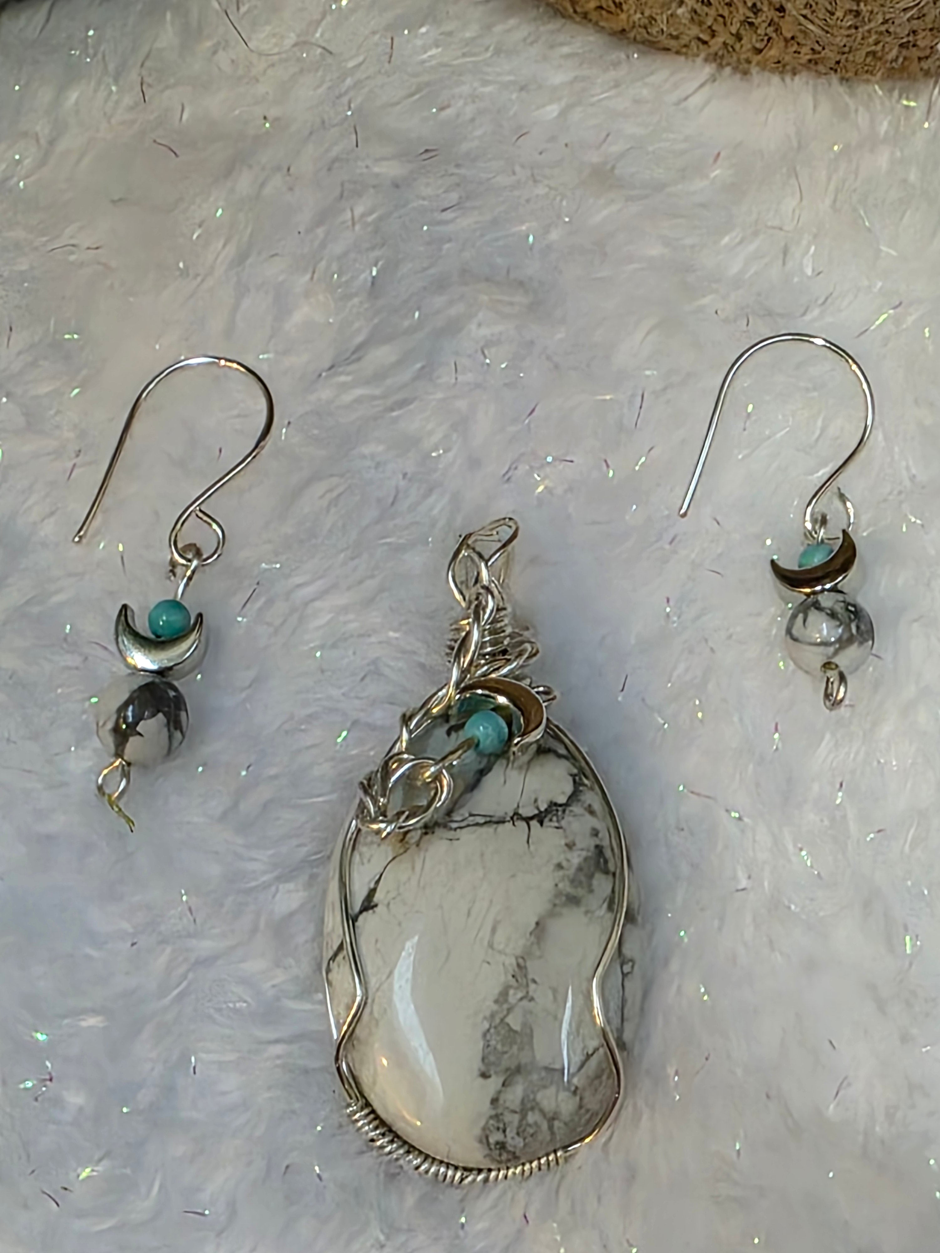 Howlite and Turquoise Sterling Silver Wire Wrapped Pendant and Earrings Set with Moons